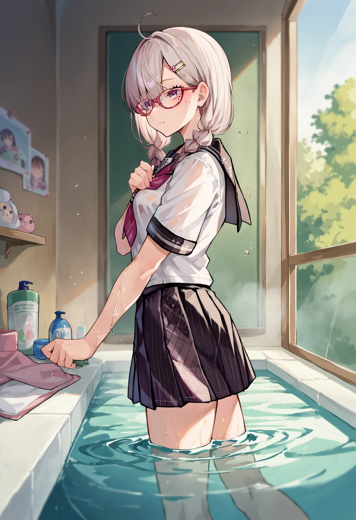 score_9, score_8_up, score_7_up, uncensored, source_anime, 1girl, <lora:spsukoyaKanaXLPony-000003:1> sukoya3rd, mole under eye, x hair ornament, hairclip, school uniform, white shirt, black sailor collar, serafuku, black skirt, glasses, bathing, solo, day, from side, indoors, photo (object), sleepy