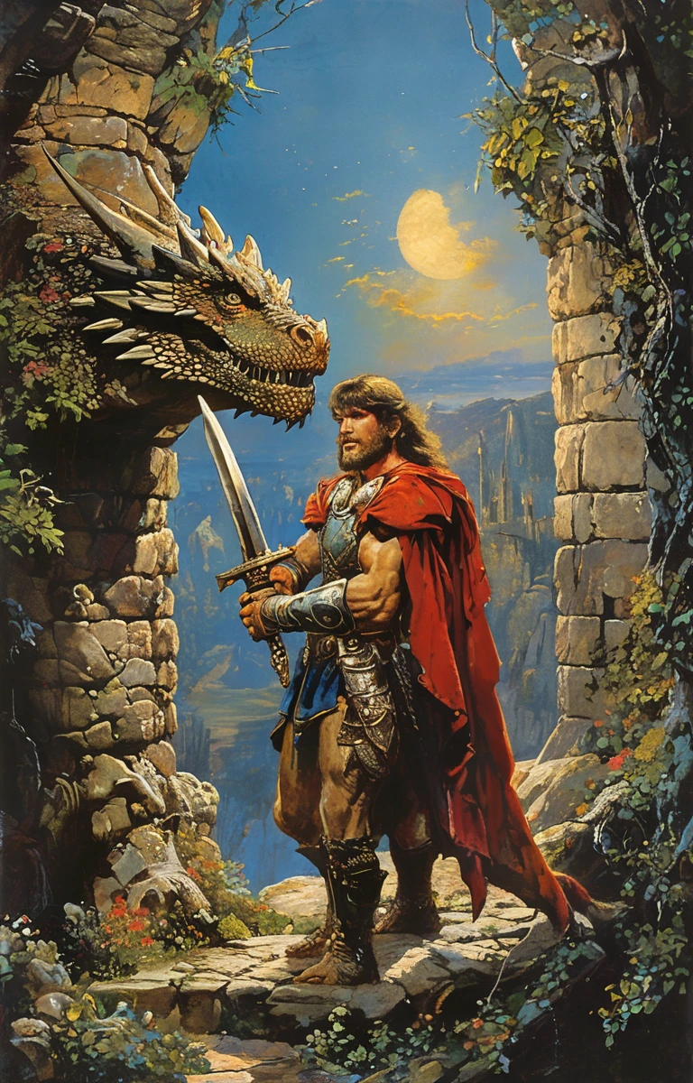 masterpiece,best quality,<lora:tbh182-sdxl:0.9>,style of Clyde Caldwell,Dungeon and Dragon,Brave,Sword,Shield,Dragon,adnd,