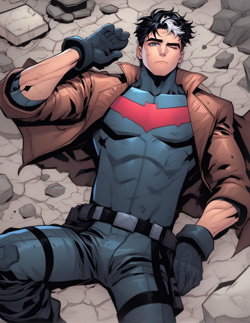 <lora:Jason_Todd:1> score_9, score_8_up, score_7_up, jason todd, solo, looking at viewer, short hair, black hair, gloves, 1boy, closed mouth, jacket, male focus, lying, one eye closed, open clothes, black gloves, belt, pants, on back, open jacket, bodysuit, muscular, muscular male, brown jacket, character doll, superhero, blue bodysuit, rubble, skinny, white hair. pantyhose, blue eyes, narrow waist,