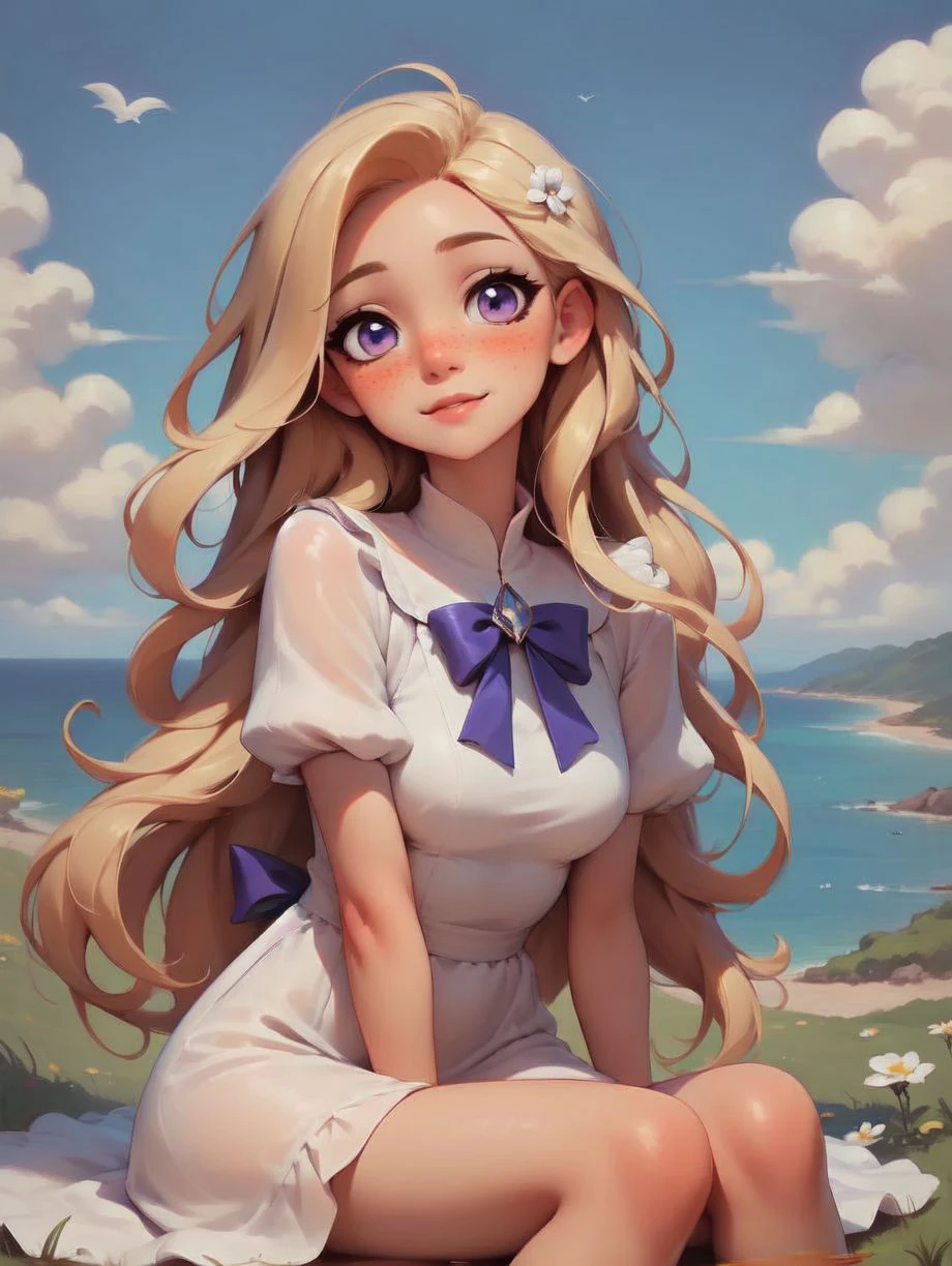 1girl, long blonde hair, hair over shoulder, purple eyes, white puffy dress, frilled dress, freckles, looking at viewer, head tilt, upper body, close-up, sitting on grassy hill, overlooking the ocean, vibrant colors, bright blue sky, white clouds, flowers, coastline, summer day, soft lighting,