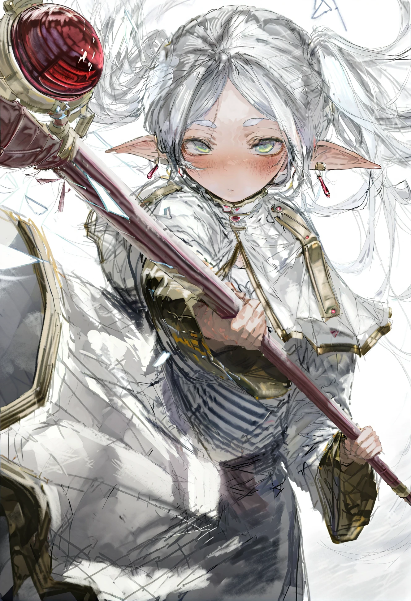 masterpiece, best quality, 1girl, frieren, solo, pointy ears, holding, staff, holding staff, twintails, elf, white background, long hair, white capelet, earrings, jewelry, looking at viewer, simple background, blush, green eyes, capelet, mage staff, white hair, closed mouth, sketch, long sleeves, parted bangs, dress
<lora:gakuXLlokr4f2-000180:0.95>