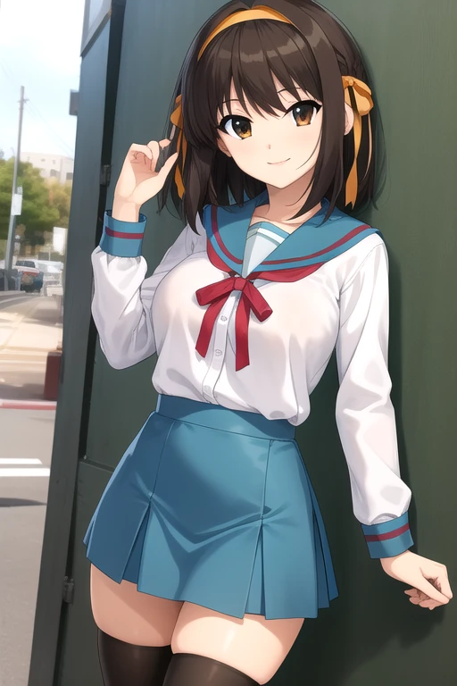 ((masterpiece)),(best quality),official art,extremely delicate and beautiful,extremely detailed CG,unity 8k wallpaper,ultra detailed,beautiful detailed eyes,extremely detailed face,outdoors,1girl,solo,cowboy shot,looking at viewer,facing viewer,smile,Suzumiya Haruhi,medium hair,brown hair,hair intakes,orange hairband,hair bow,orange bow,hair ribbon,orange ribbon,hair ornament,sidelocks,diagonal bangs,brown eyes,kita high school uniform,collarbone,blue sailor collar,serafuku,neck ribbon,red ribbon,red bow,white shirt,long sleeves,large breasts,skindentation,shirt tucked in,miniskirt,blue skirt,zettai ryouiki,black thighhighs,loafers,<lora:Suzumiya Haruhi(tmhs):0.8>,