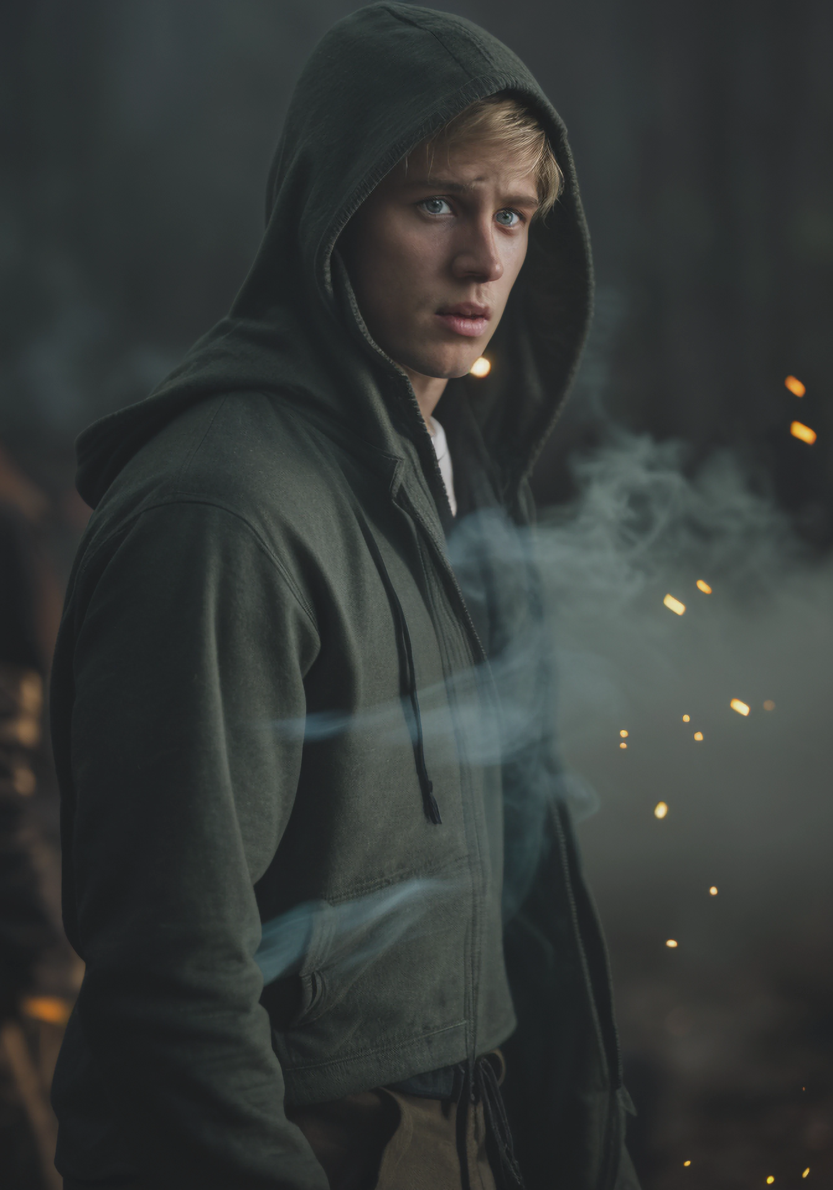 Highly detailed, male focus, Cinematic portrait, 1boy, black open jacket, dark blue v-neck undershirt, solo, brown pants, short blonde hair, white drawstring hood down, looking at viewer, blurry, parted lips, blurry background, green eyes, cowboy shot, standing, dirty, depth of field, light particles, smoke, sfw
