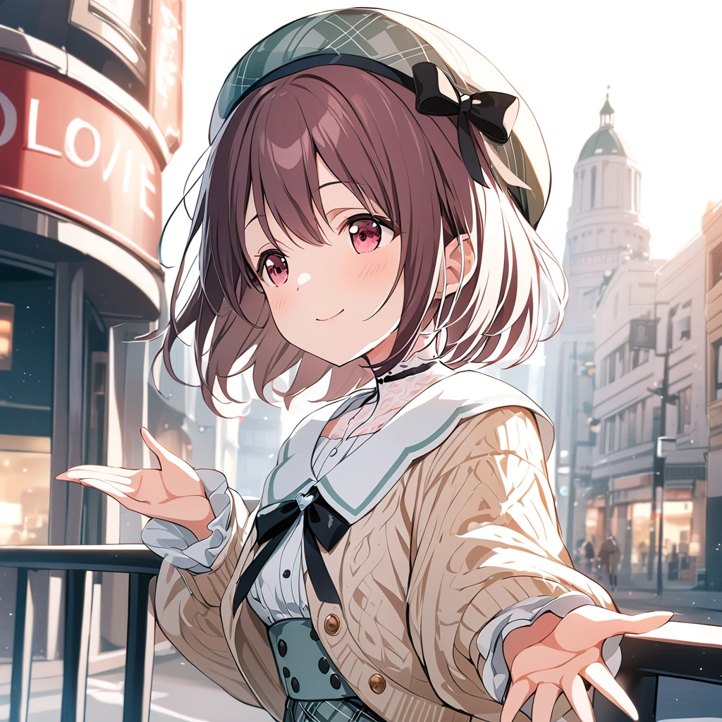 masterpiece,ibukinagisa,1girl,solo,idolylove dress,idolylove beret,looking away,outstretched hand,idolylove cardigan,smile,upper body,from side,standing,closed mouth,<lora:ibukinagisa:0.8>,outdoor,CITY,