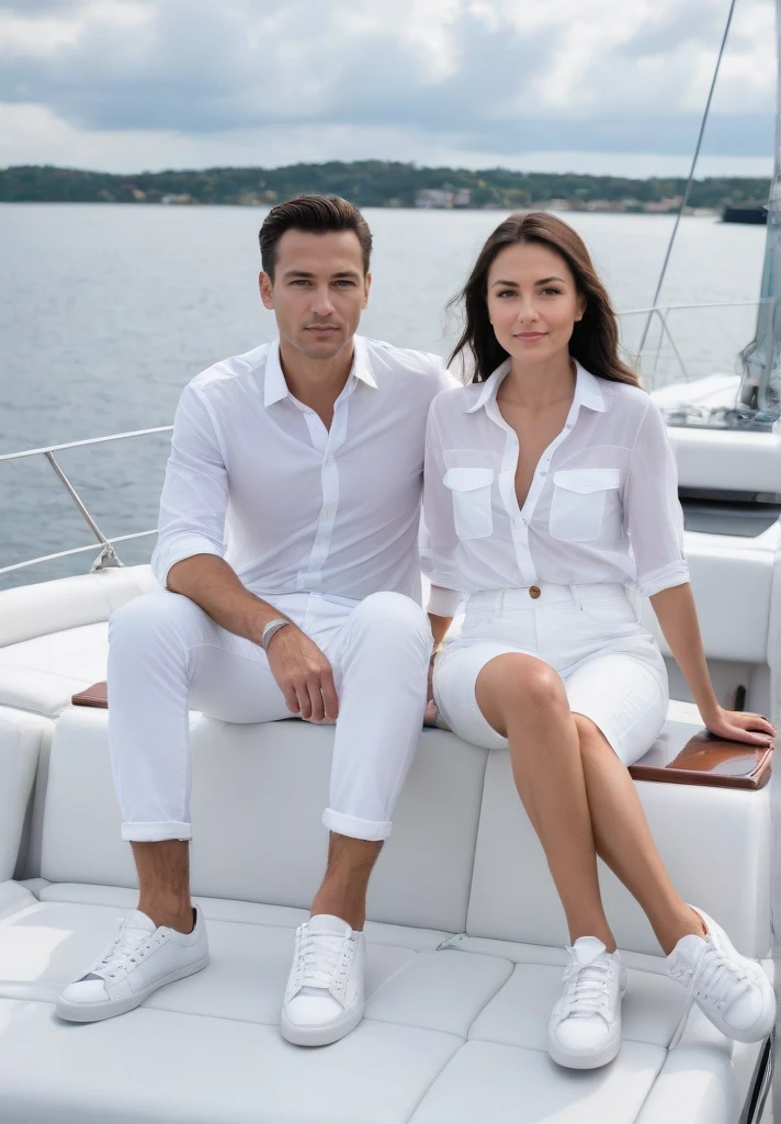 man 35 years old and young woman, sitting on the yacht, see at camera, white pants, white sneakers  <lora:Couple on yacht v.5:0.8>, <lora:Perfect Hands:1>