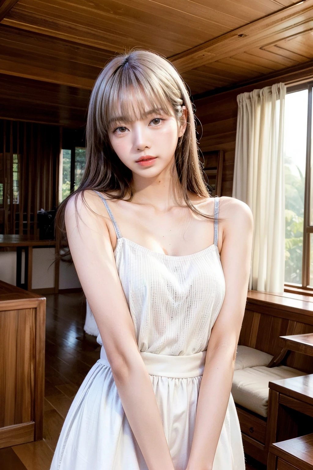 masterpiece,best quality,realisic skin details,portrait,upper body,cute girl,looking to the viewer,asian,pale skin,beautiful,living room,looking at viewer,wooden house,white outfit,lisa,<lora:Lisa-v1:0.9>,blunt bangs,bangs,<lora:add_detail:0.7>,