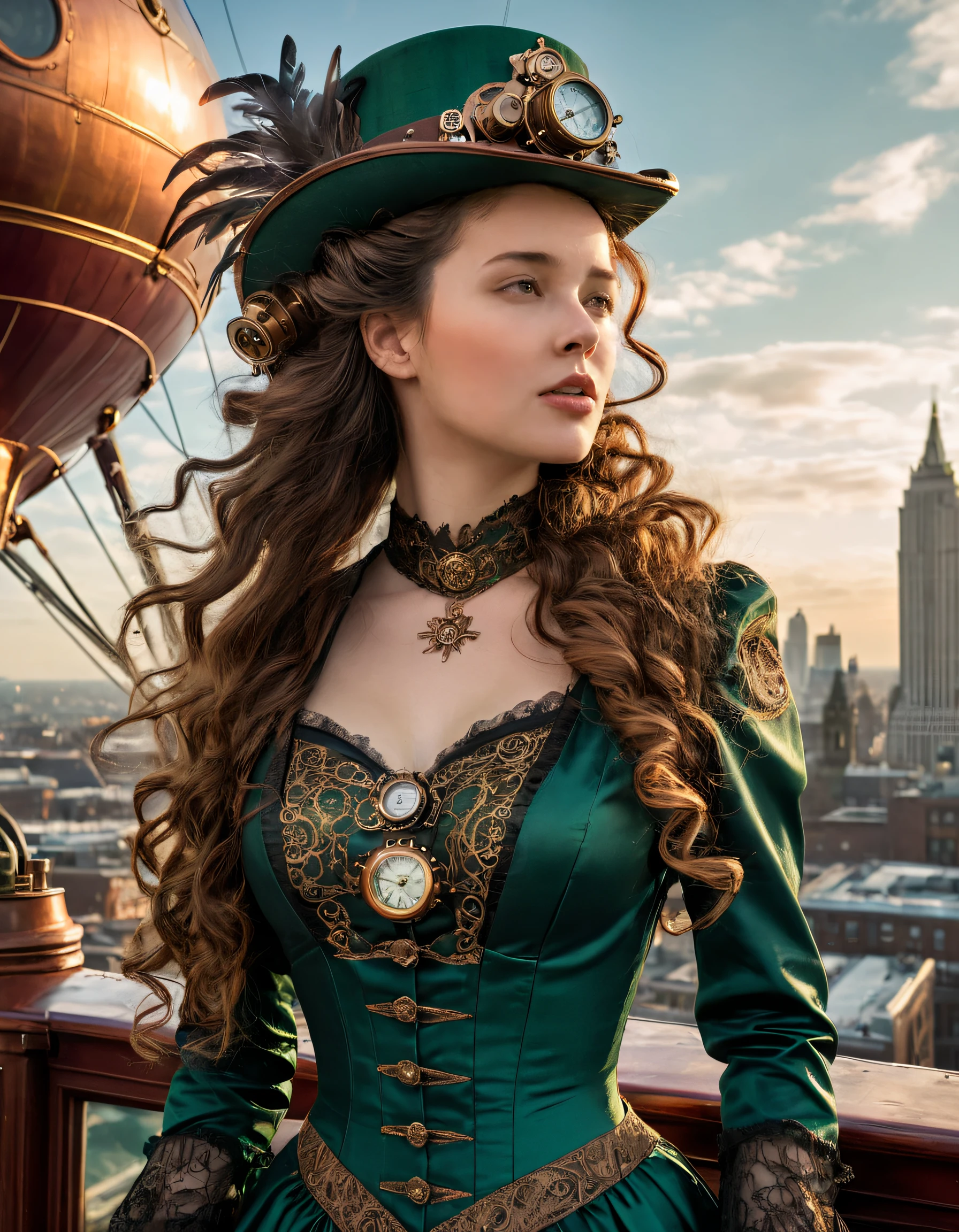 In the heart of a bustling, steampunk cityscape, where Victorian-era elegance melded with futuristic technology, a lone girl named Morgan stood proudly atop a towering airship, her long, curly hair cascading down her back in tendrils, adorned with delicate filigree brooches that twinkled like stars. Clad in an exquisite gown crafted from gleaming copper and brass, intricately woven with cogs and gears, her outfit shimmered in the fading light, reflecting the city's ever-spinning machinery. Her eyes, a striking emerald green, gleamed with intelligence and determination as she gazed out across the city below, her long hair swaying gently in the breeze. A top hat perched precariously atop her head, its brim adorned with a feather fan that fluttered gently in the wind. Her pose was one of confidence and strength, a testament to her role as captain of this magnificent airship, and yet there was a hint of vulnerability in the slight tilt of her head and the soft curve of her lips, suggesting a deeper, more personal story hidden beneath her steely exterior. The sun dipped lower, casting the city in hues of gold and crimson, as the airship continued its journey through the sky, leaving a trail of steam behind it like a ghostly apparition, a symbol of progress amidst the chaos of this extraordinary world. <lora:knuuqs18fe0cf88bcp577:1>