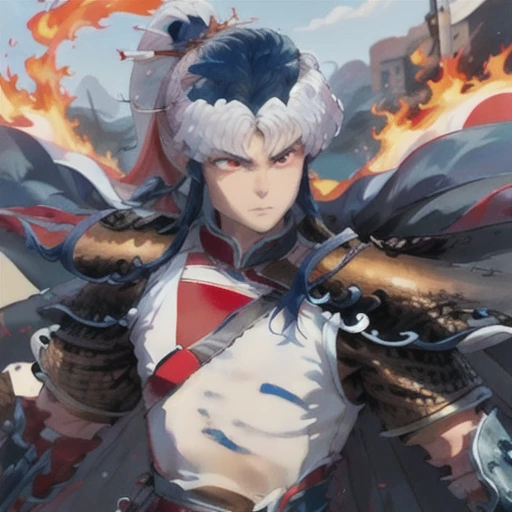 maleherb, 1boy, dragonboy, solo, long hair, looking at viewer, red eyes, dress, blue hair, ponytail, white hair, sidelocks, multicolored hair, cape, armor, two-tone hair, fire, shoulder armor, pauldrons, serious, <lora:maleherb-04:1>