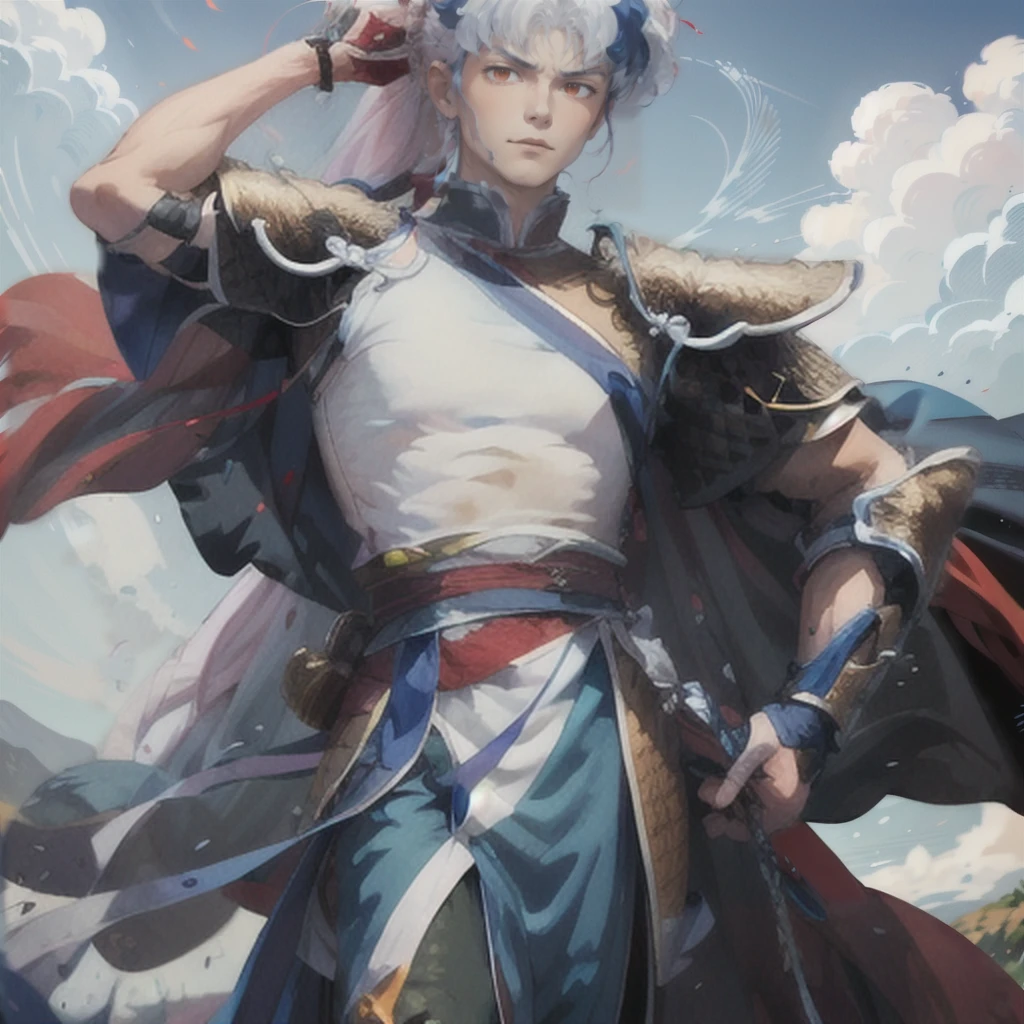 maleherb, 1boy, dragonboy, solo, long hair, looking at viewer, red eyes, dress, blue hair, ponytail, white hair, sidelocks, multicolored hair, cape, armor, two-tone hair, fire, shoulder armor, pauldrons, serious, <lora:maleherb-04:0.8>