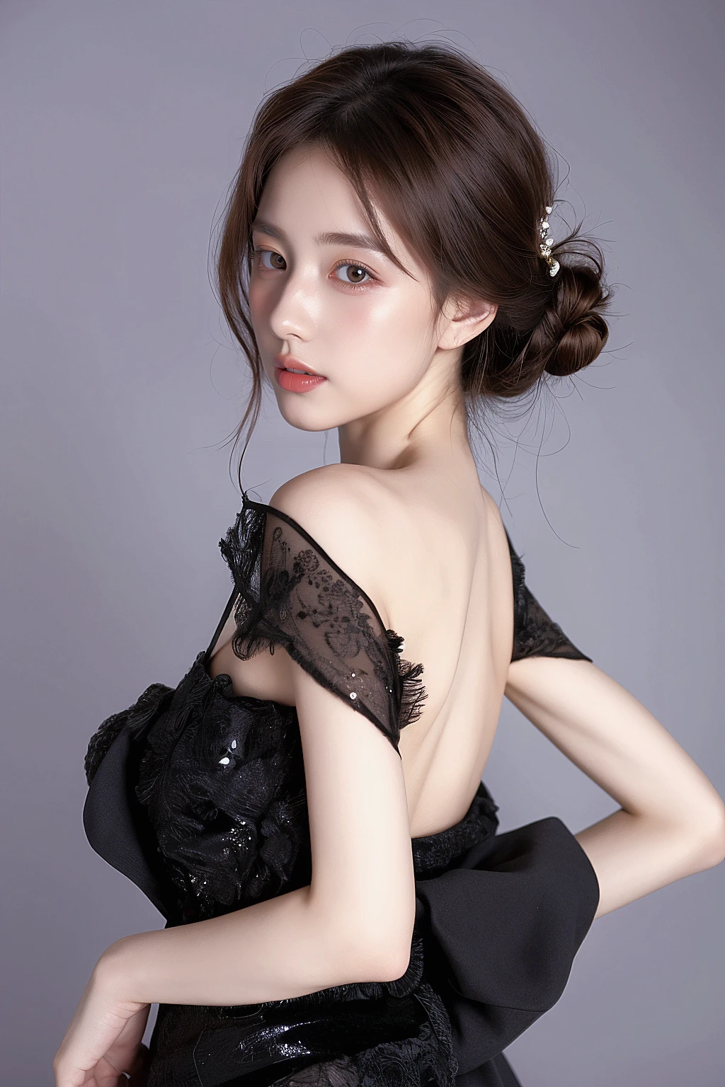 1girl,portrait, looking at viewer, blur background,
high necked lace top, black lace,
simple background, frontlight, side light,