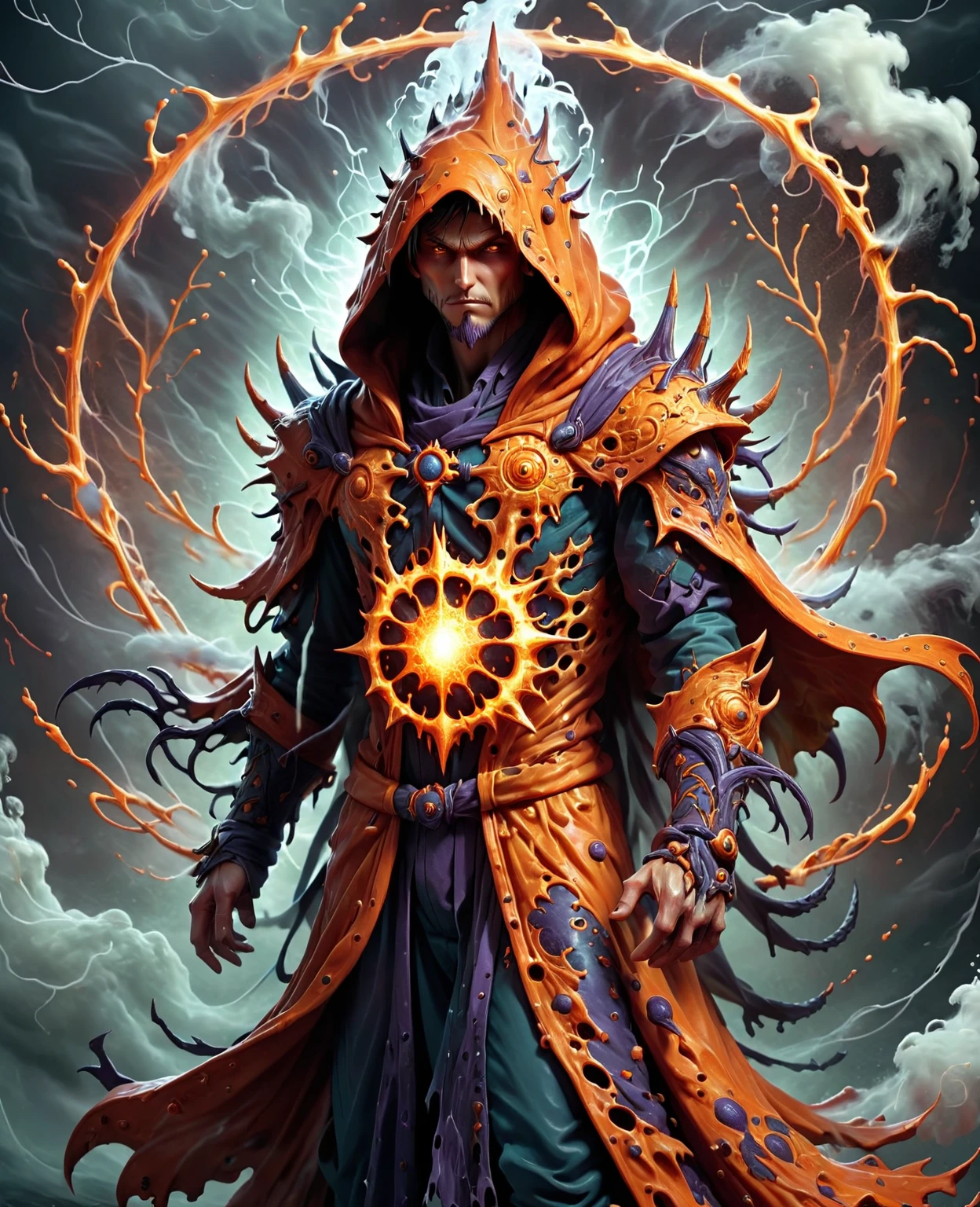 DonMV1r4lXL male battlemage  Mastering spell shaped like Shroud of dark orange magical circle steam and weather control (manipulating weather patterns),    <lora:DonMV1r4lXL-000008:1>