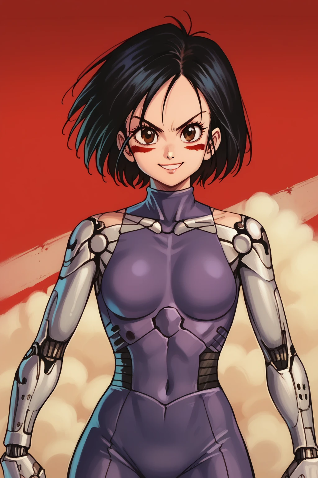 zPDXL, <lora:Character_Alita_Battle_Angel_Alita:1>, alita, battle angel alita, cyborg, mechanical arms, smile, bodysuit, red facial marks, black hair, short hair, detailed background, cowboy shot,  <lora:EarlyAkirav1-1:1>, drgbls1