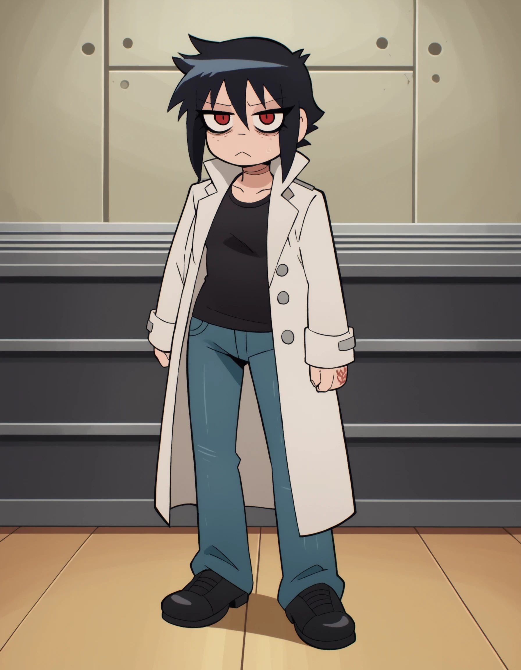 zPDXL, score_9, score_8_up, score_7_up, source_anime,
1girl, solo, <lora:Furfrou_v2:0.8> furfrou, dog ears, dog tail, dog girl, black fur, white skin, red eyes, jitome, bags under eyes, small breasts, freckles,, yakuza, scar on nose, yakuza tattoos, wearing a white trench coat, dark jeans, leather shoes , <lora:ScottP-v2-3:0.8> scttp