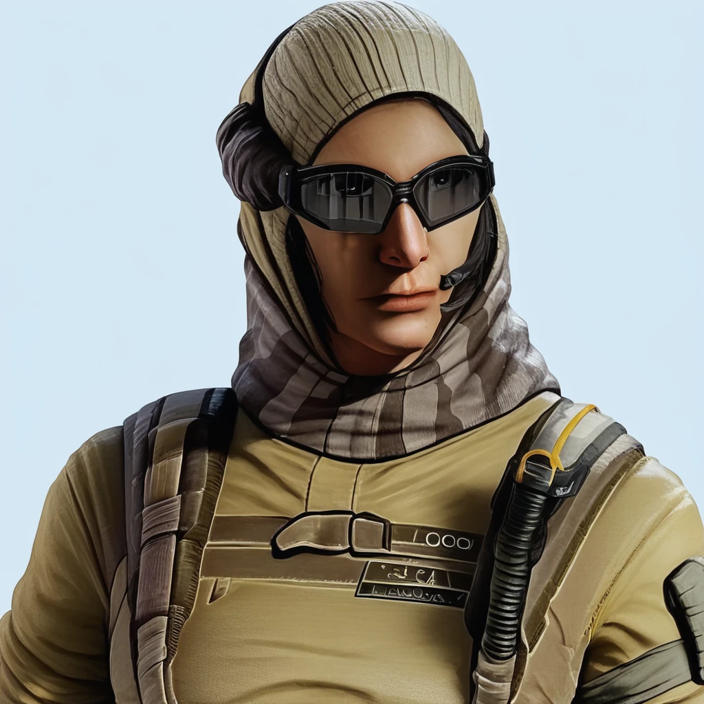 nomad, nomad \(rainbow six siege\), 1girl, solo, simple background, hat, closed mouth, scarf, uniform, military, military uniform, sunglasses, portrait, realistic, camouflage, load bearing vest