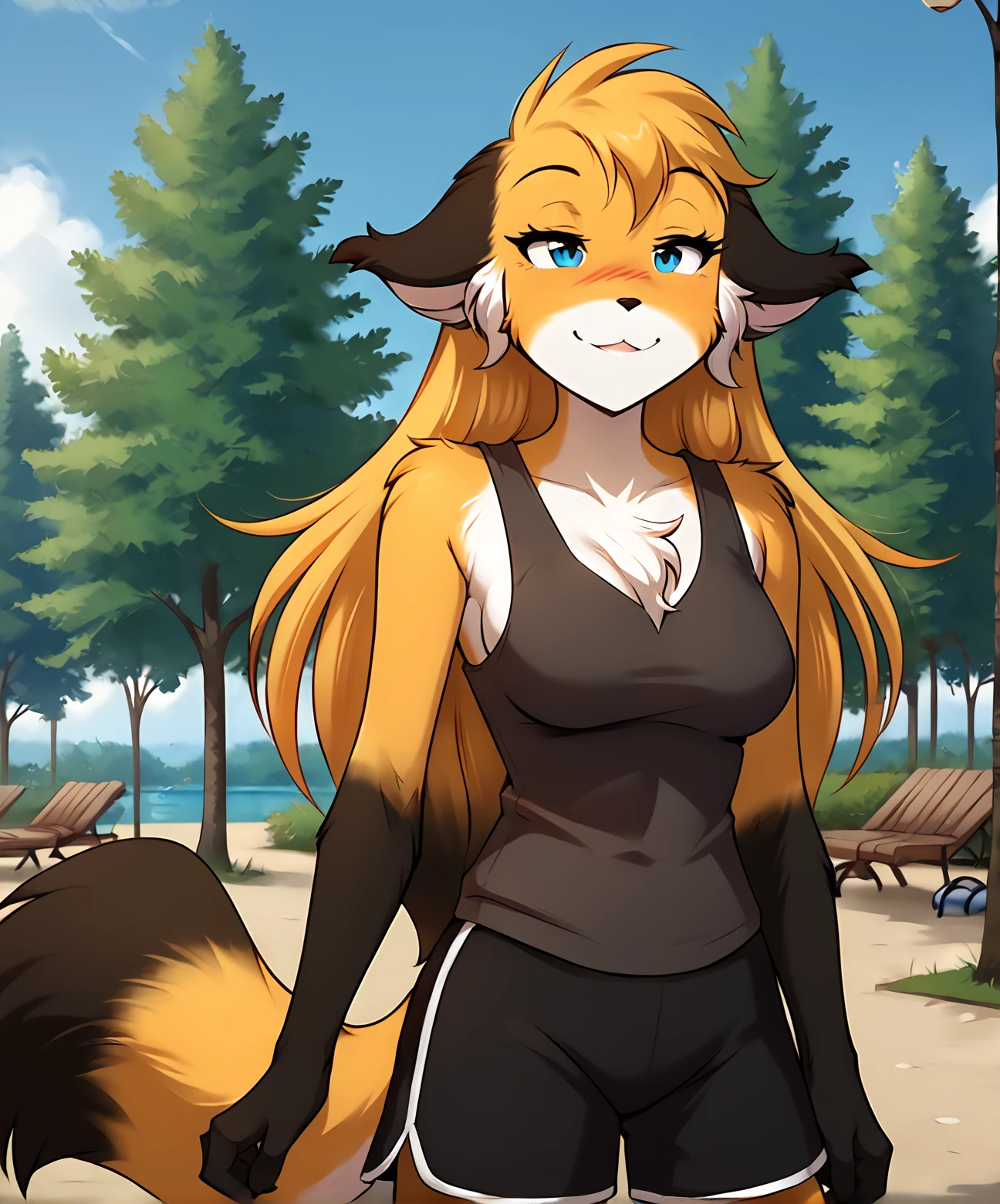 score_9, score_8_up, score_7_up,score_6_up,score_5_up, source_furry
BREAK
solo, furry female anthro, long hair, medium breasts, (blushing, seductive, smug), tank top, gym shorts, (outdoors, park), upper body shot
BREAK
<lora:Mike-Twokinds-SDXL-AnonTK-V1-000012:1>, mike-twokinds, keidran, mammal, fox tail, blue eyes