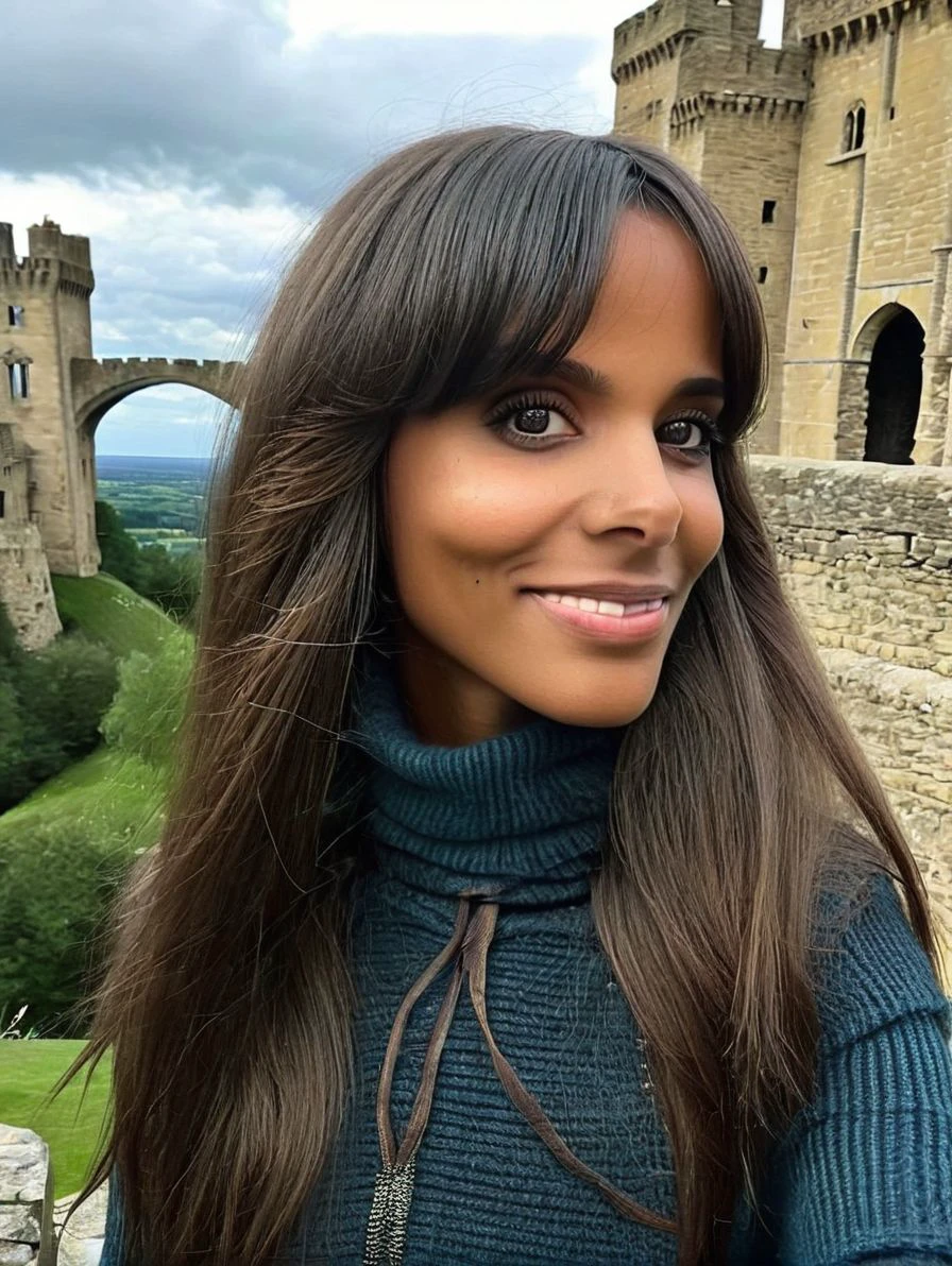 photo, realistic, irl, score_9, score_8_up, score_7_up, score_6_up, source_photo, rating_safe, shym 1girl, 24 years old, mid body portrait, dark skin, straight hair, long hair, bangs, perfecteyes, dark eyes, eye contact, smile, blushed, aroused BREAK wearing wool pullover BREAK In an ancient, towering castle perched on a cloud, with rainbow bridges connecting the towers,
<lora:shym:1>