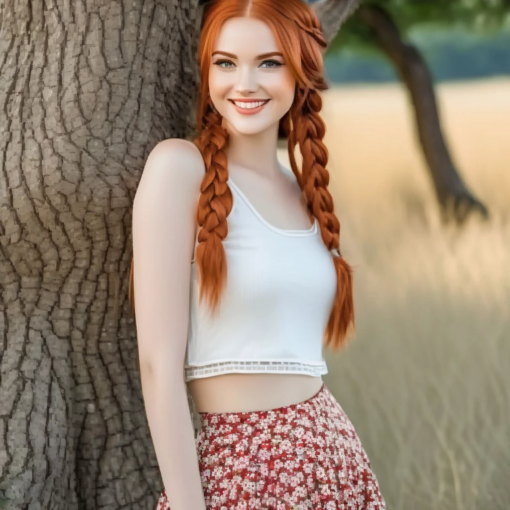 gorgeous pale american cute girl, smiling, (crop top), red hair loose braided hair, short polca skirt, lean against a tree, field, flowers smiling, perfectly symmetrical face, detailed skin, elegant, alluring, attractive, amazing photograph, masterpiece, best quality, 8K, high quality, photorealistic, realism, art photography, Nikon D850, 16k, sharp focus, masterpiece, breathtaking, atmospheric perspective, diffusion, pore correlation, skin imperfections, DSLR, 80mm Sigma f2, depth of field