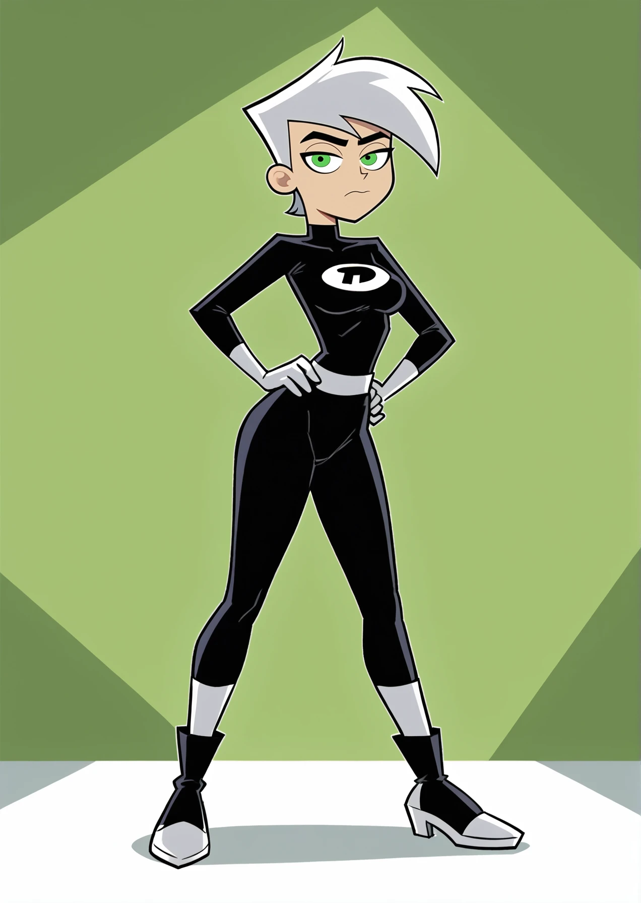 masterpiece,best quality,highres, <lora:Lucyla_Art_Style:0.6>,<lora:Danny_fenton_Danny_phantom_for_pony:0.5>,solo,danny fenton,white hair,short hair,green eyes,black bodysuit,(parody:0.2),full body