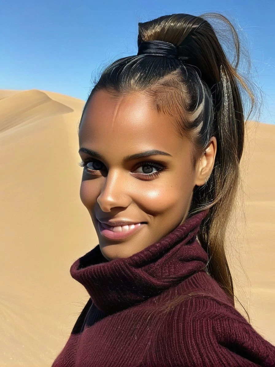 photo, realistic, irl, score_9, score_8_up, score_7_up, score_6_up, source_photo, rating_safe, shym 1girl, 24 years old, mid body portrait, dark skin, straight hair, long hair, ponytail, perfecteyes, dark eyes, looking at viewer, smile, blushed, aroused BREAK wearing wool pullover BREAK A desert landscape with sculptural sand dunes and a clear, blue sky
<lora:shym:1>