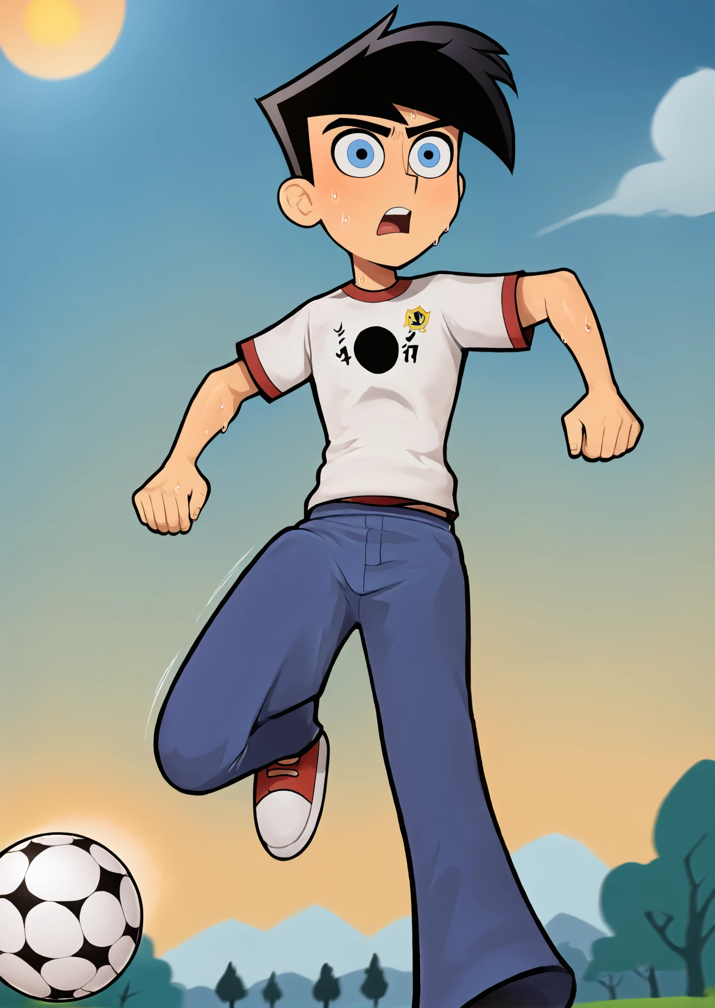 masterpiece,best quality,highres, <lora:Danny_fenton_Danny_phantom_for_pony:0.6>,1boy,solo,danny fenton,black hair,short hair,blue eyes,white shirts, pants,soccer ball, soccer,from below,sports,kicking ball, sun,running,sweat, <lora:Lunas-Loodncrood-SDXL-A1:1>,sky,