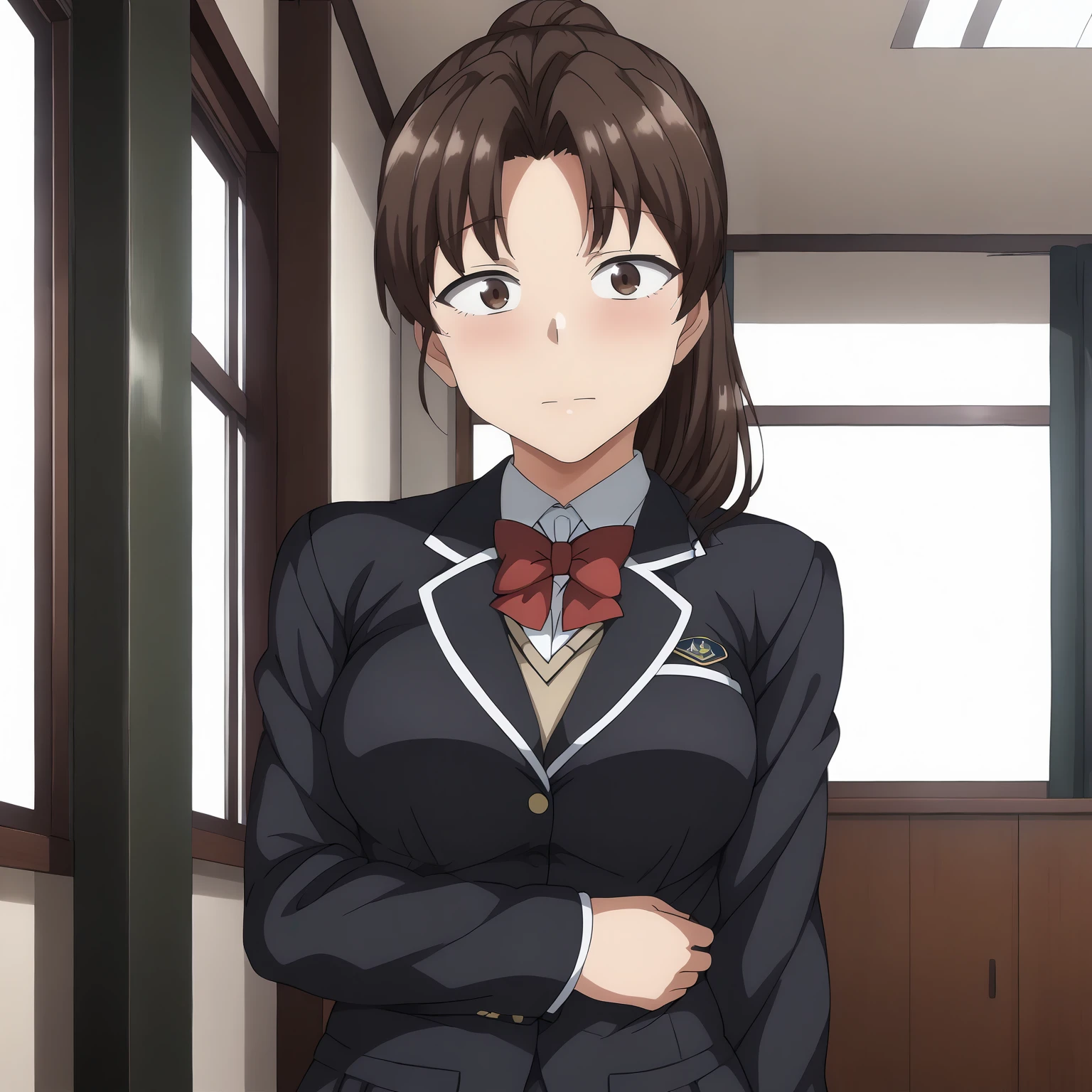 <lora:YuukoKawashimaXLpony002>,
looking at viewer,
solo,
YuukoKawashima,1girl,black brown hair,ponytail,brown eyes,sanpaku,
school_uniform,black blazer,red bowtie,