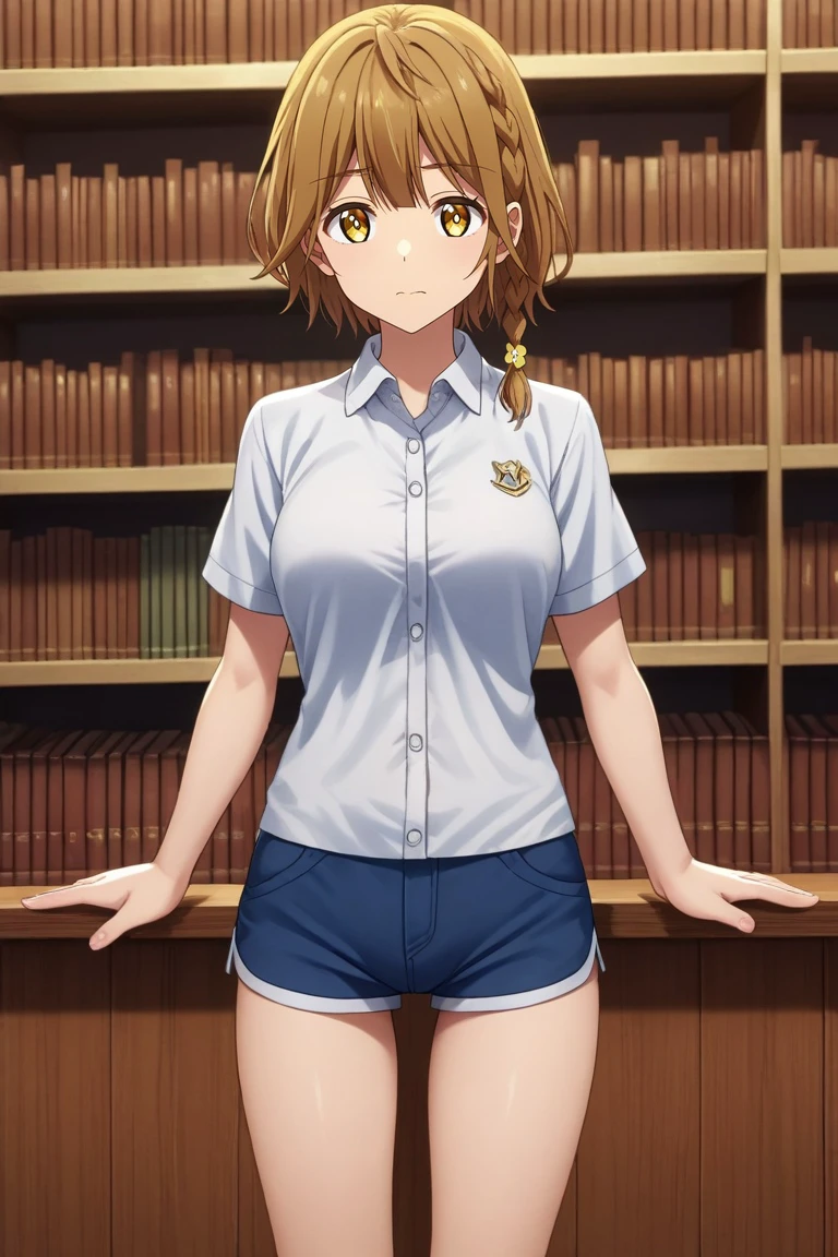 score_9, score_8_up, score_7_up, source_anime, rating_safe, intricate details, semi-realistic, looking at viewer, , 1girl, solo, <lora:yoshino_koiwai_pony:0.84>, yoshino_koiwai, brown hair, yellow eyes, short hair, braid, side braid, single braid, bangs, , straight-on, library, books, day, clouds, spread arms, wavy mouth, closed mouth, polo shirt, hotpants, <lora:sdxl_lightning_8step_lora:1>