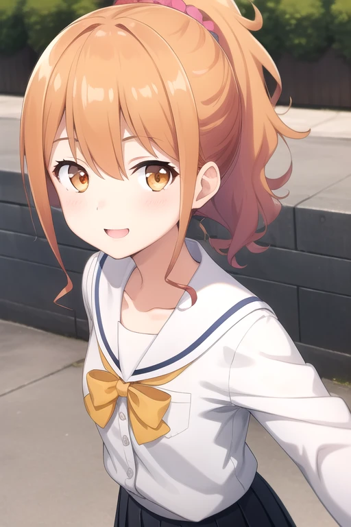((masterpiece)),(best quality),official art,extremely delicate and beautiful,extremely detailed CG,unity 8k wallpaper,ultra detailed,beautiful detailed eyes,extremely detailed face,outdoors,1girl,solo,upper body,(portrait:1.5),looking at viewer,facing viewer,smile,(petite:1.2),long hair,orange hair,high ponytail,hair ornament,hair scrunchie,sidelocks,hair between eyes,bangs,orange eyes,collarbone,school uniform,white sailor collar,serafuku,white shirt,yellow bowtie,long sleeves,medium breasts,skindentation,miniskirt,pleated skirt,black skirt,black socks,loafers,brown footwear,<lora:Jinno Megumi(es)>,
