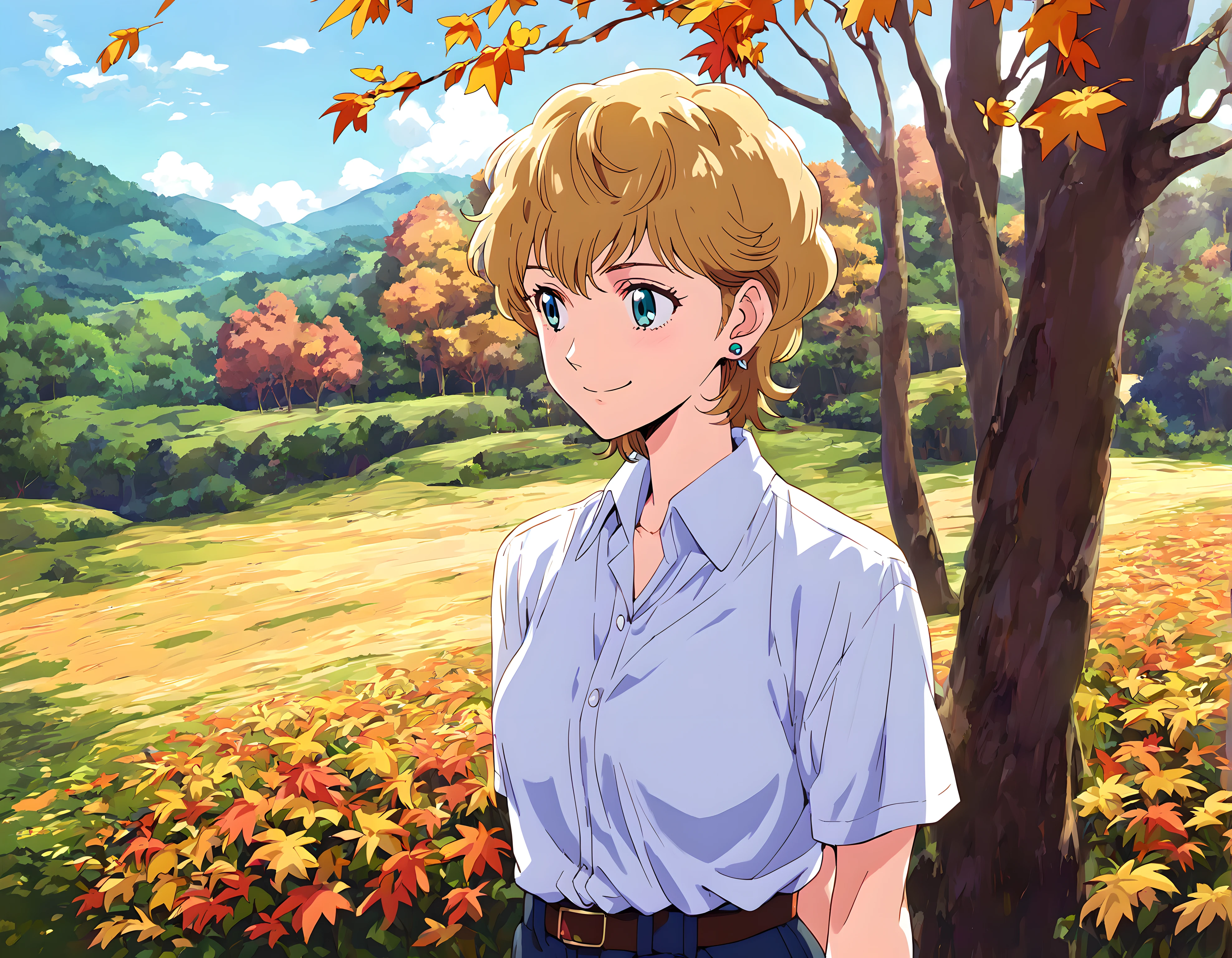 <lora:pony_xl_Hildegard:0.8>,Hildegard,score_9,score_8_up,score_7_up,score_6,source_anime,short hair,1girl,female,kawaii,solo,earrings,white collared shirt,women's pants,day,nature,grove,the dappled sunlight that filters through the leaves of trees,sunny weather writing,lens_flare,smile,:d,gentle smile,standing,arms_behind_back,cowboy_shot,landscape,