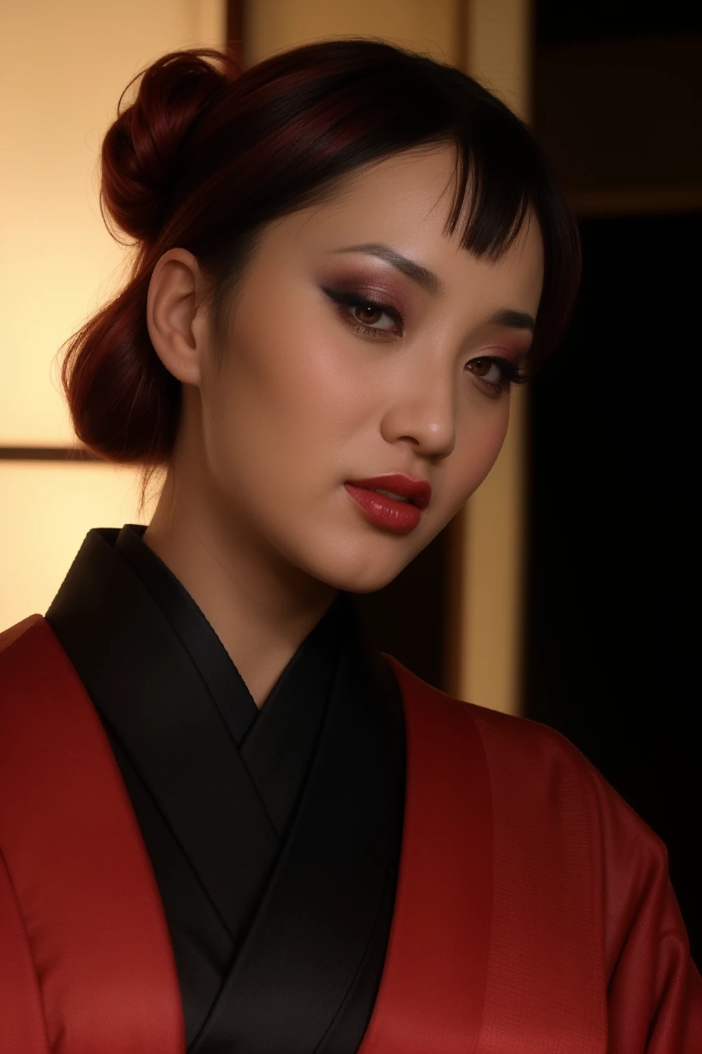 k4t5umi, lattice room divider, makeup, shoji, red (kimono:1.3), black hadajuban, red hair,  updo, (closeup:1.3), portrait, dark, ambient light, (red glow), <lora:k4t5umi:0.8>