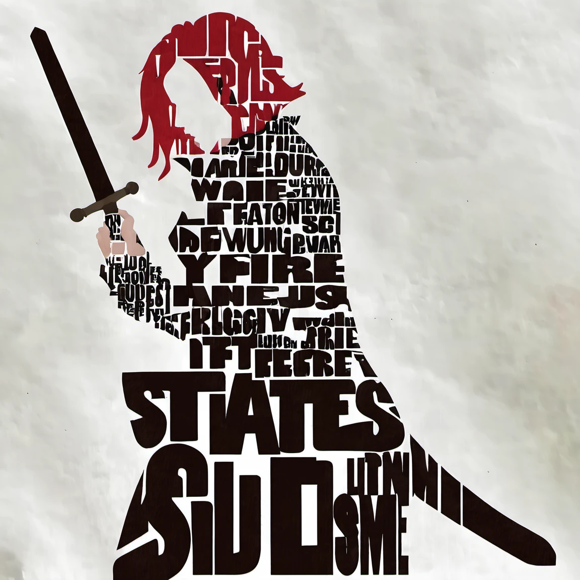 typography_art, worrier ,white background, full body, white shirt, red hair, holding sword, <lora:Typography_art:1>