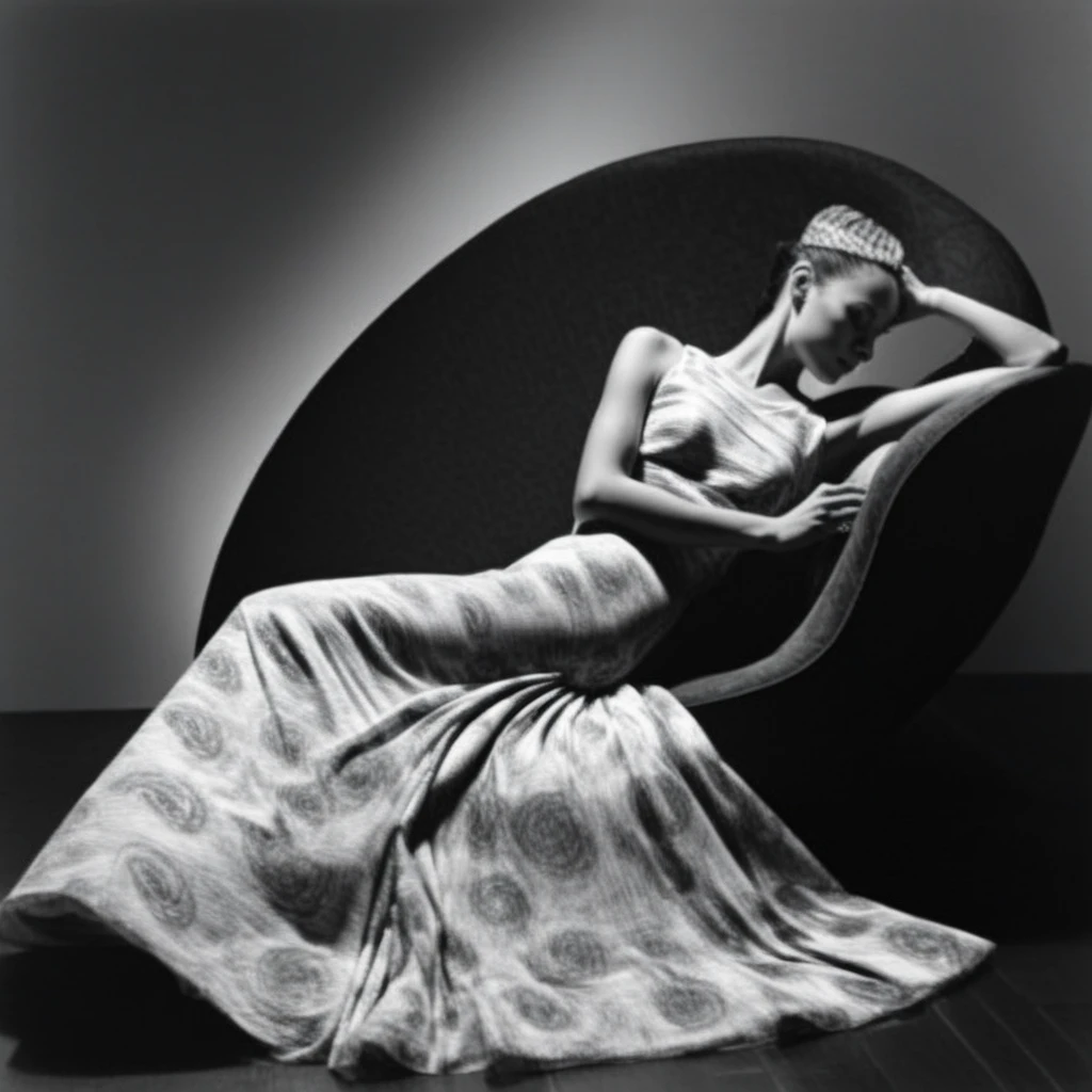 including an exaggerated headpiece or hairstyle that creates a tall, adding a sense of scale and atmosphere to the scene., drama, reclining slightly with one arm resting on the chair. The gown has a fitted bodice that accentuates her figure, wearing a flowing dress with an intricate patterned design. The dress appears to be swirling around her as she sits on the floor with her back turned, only wearing a white tank top and panties. The woman is shown from the side