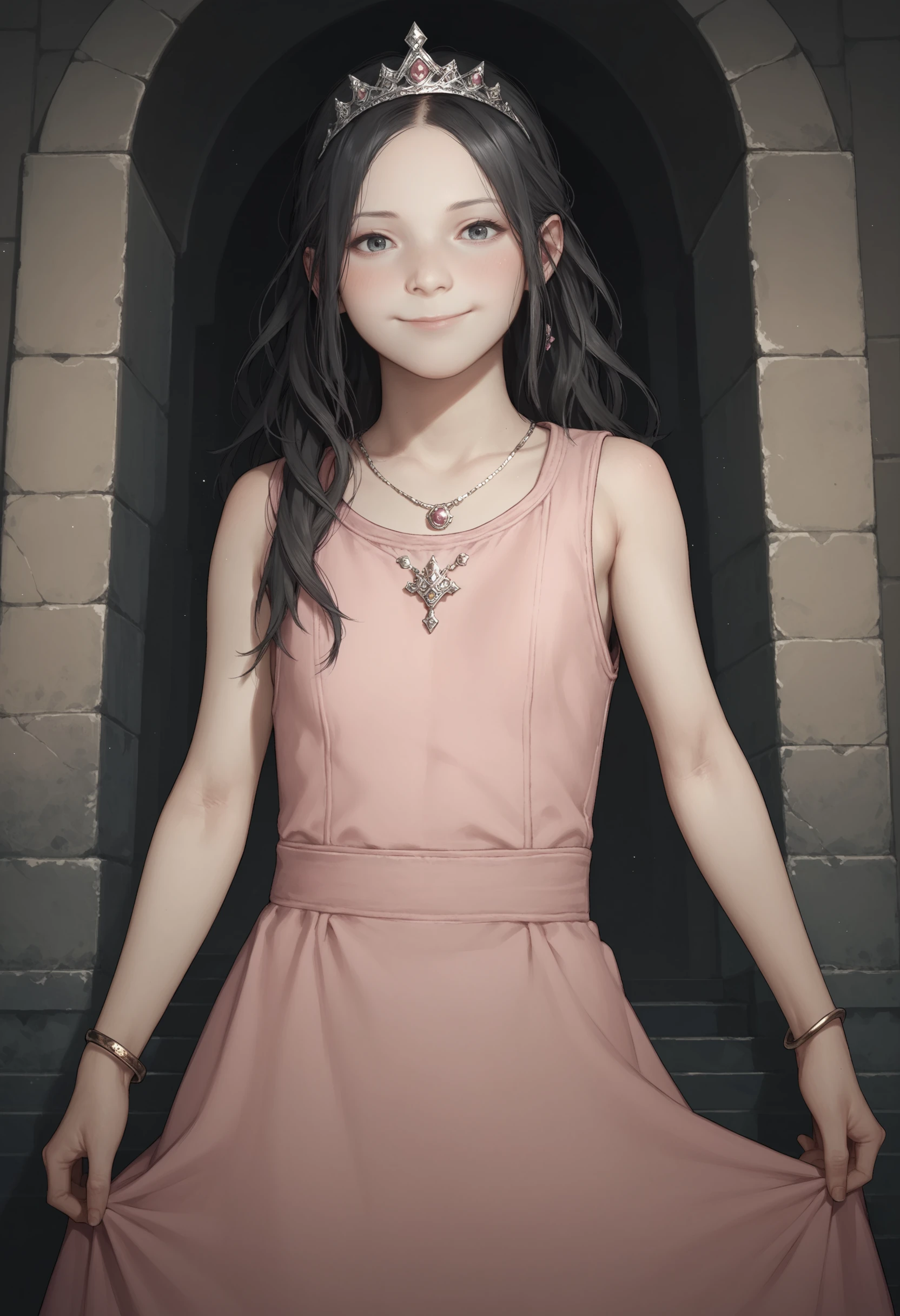 score_9, score_8_up, score_8, source_anime, 1girl, <lora:Eveline:0.7> solo, flat chest, white skin, pale skin, long hair, black hair, pink princess dress, tiara, jewelry, bracelet, sleeveless, smile, blush, standing, necklace, looking at viewer, 
fantasy castle background,