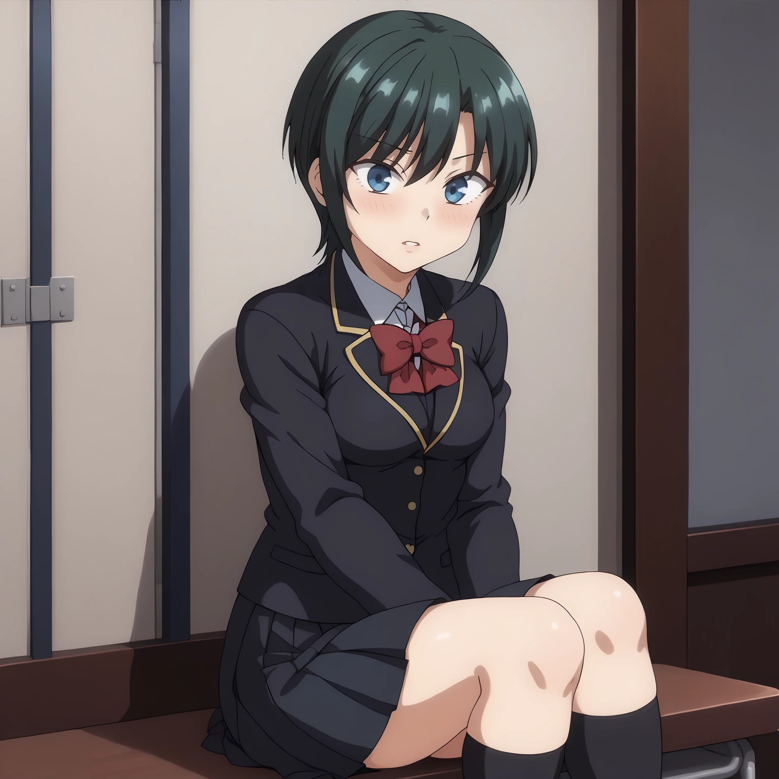 <lora:AkaneHasegawaXLpony001>,
blush,parted lips,
solo,
AkaneHasegawa,1girl,green hair,short hair,sidelocks,blue eyes,
school_uniform,black blazer,red bowtie,
pleated_skirt,black skirt,
black socks,
sitting,