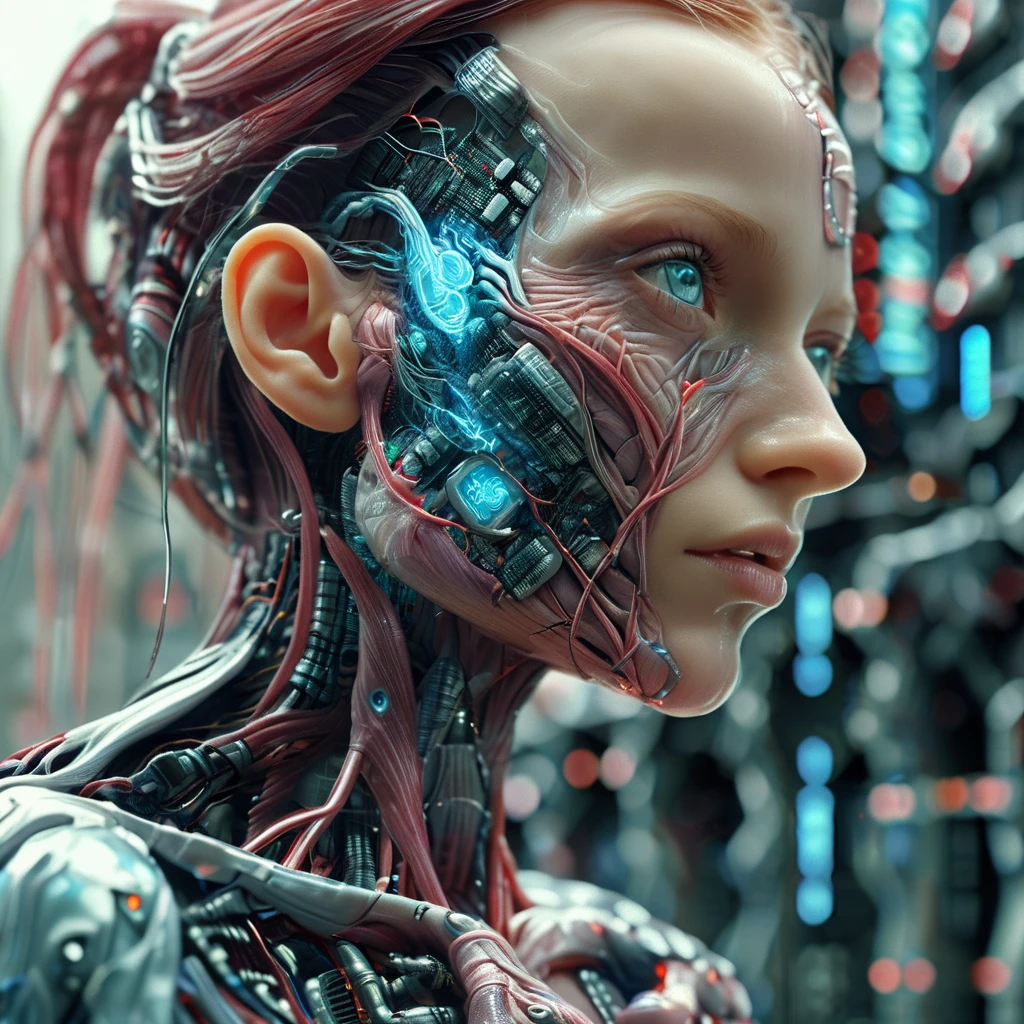 cyberanatomy beautiful cyborg girl with blue eyes in the big city, very detailed, cinematic<lora:cyberanatomy:1>