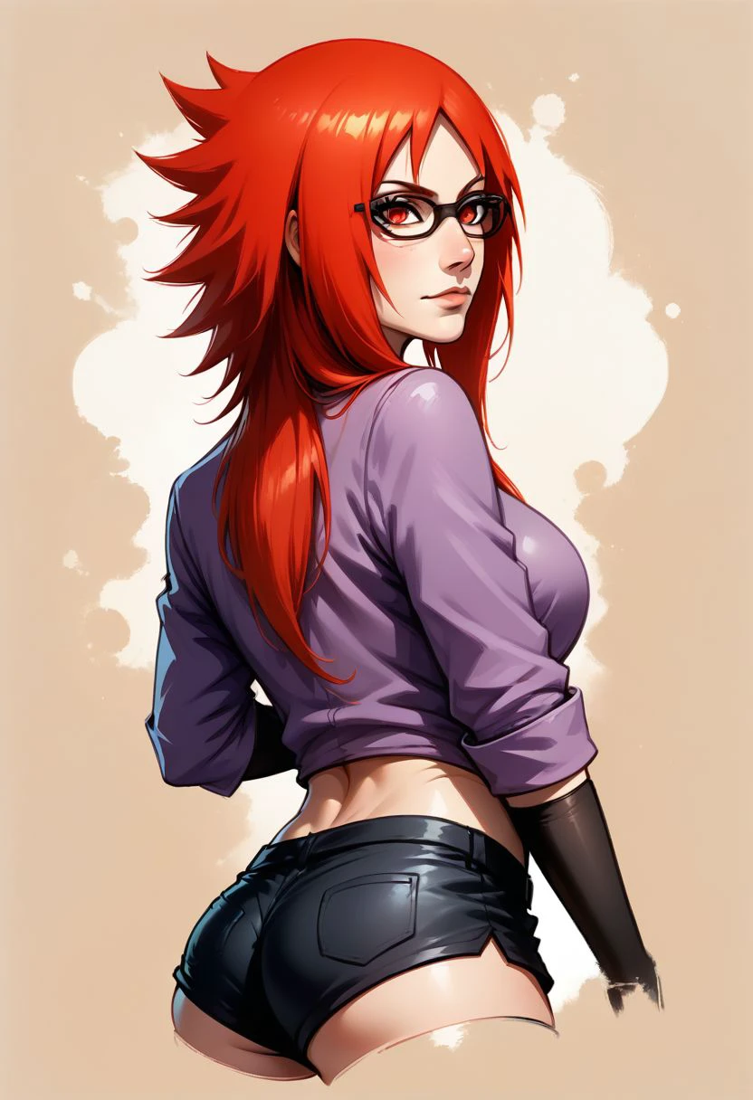 Faded Headshot, faded bottom, faded edges ,score_9,score_8_up,score_7_up,score_6_up,score_5_up,
1girl, karinuzumaki, \(Naruto\),red eyes, red hair, short and spiky hair on the right side, longer and straight hair on the left side, glasses,
Purple jacket, long sleeve, navel, shorts, black shorts, thighhighs, black thighhighs,
, digital illustration, disney, rule 63, full body, perfect anatomy, perfect face, butt showing esthetically, abstract beauty, beautiful, centered, looking at the camera, approaching perfection, dynamic, moonlight, highly detailed, watercolor painting, artstation, concept art, smooth, sharp focus, illustration, 
(upper body:1.2), (close up:1.5), portrait, huge breasts, deep cleavage,