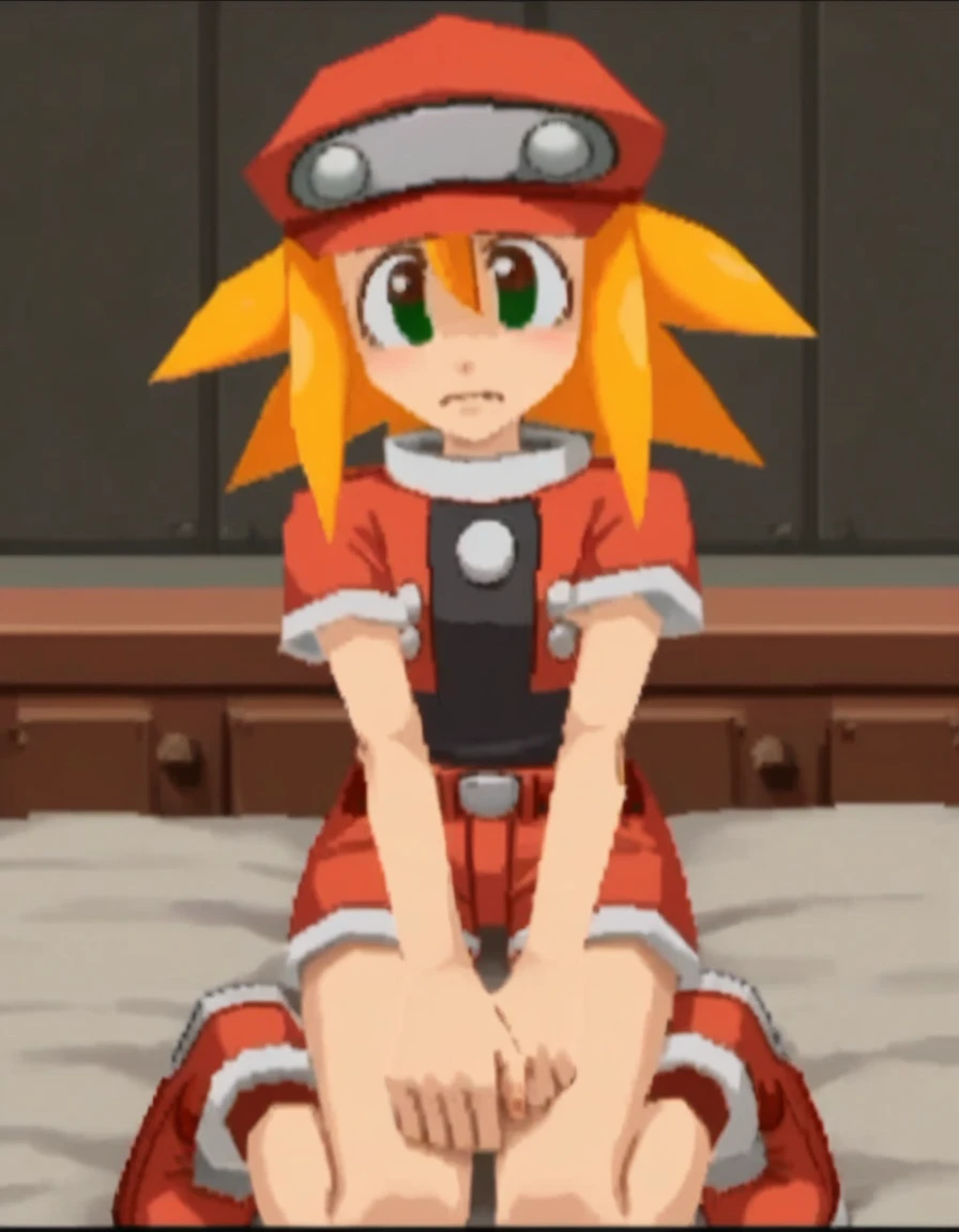 zPDXL, score_9, score_8_up, score_7_up, source_anime, 1girl, solo,
<lora:RockLegend_v1:1> rcklgnd, roll caskett \(mega man\), blonde hair, green eyes, red hair, red jacket, black shirt, red shorts , nervous, sitting on person,