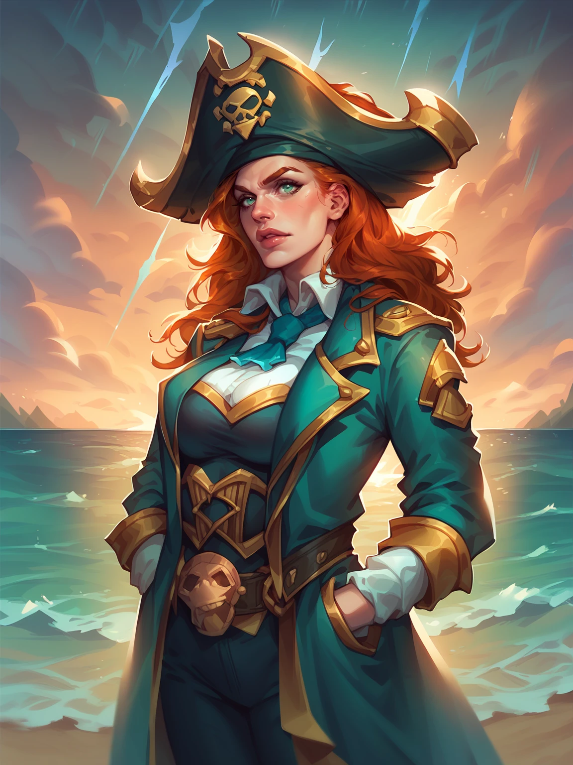 score_8_up, score_7_up, 1girl, cowboy shot of redhead pirate lady, pirate hat, long green coat, green eyes, sea, storm clouds, dark atmosphere, sunset, hearthstone style, warcraft,
