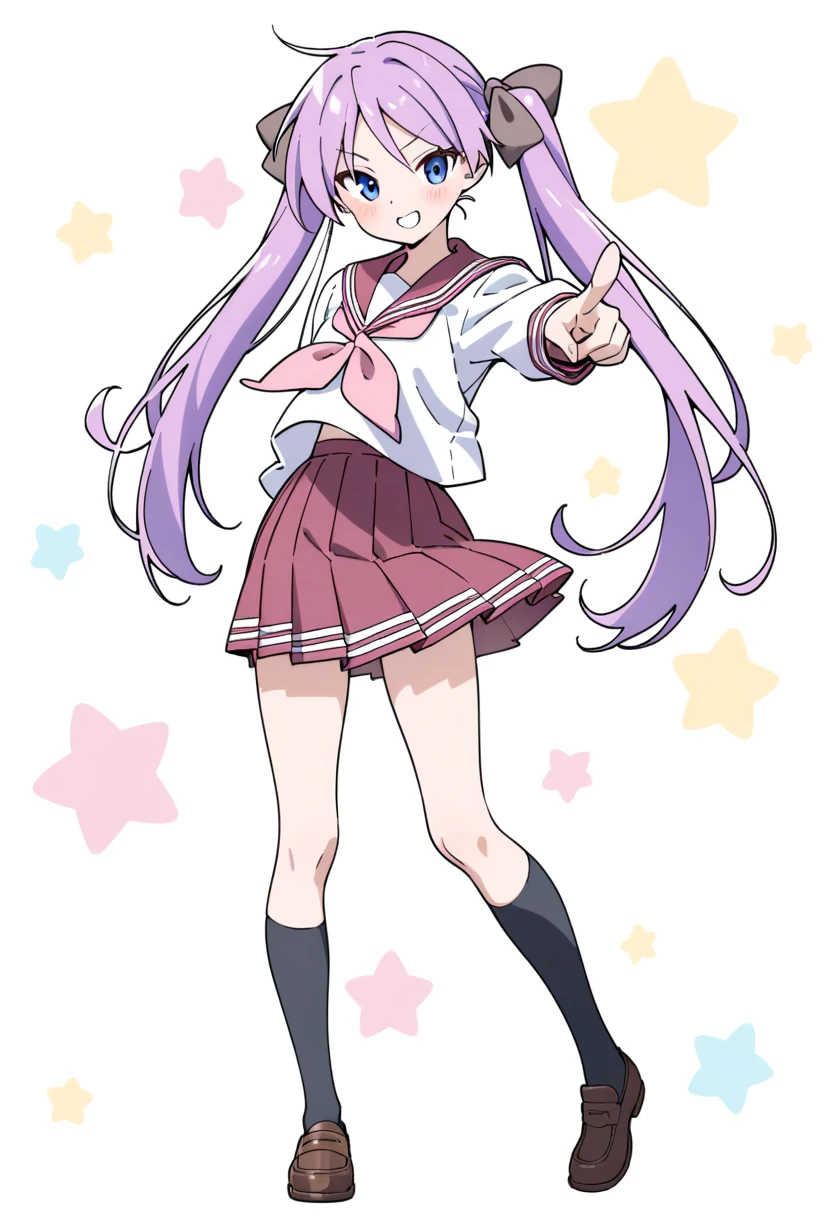 1girl, hiiragi kagami, long hair, solo, ryouou school uniform, school uniform, serafuku, twintails, purple hair, blue eyes, neckerchief, tsurime, skirt, pointing, smile, socks, pink neckerchief, star (symbol), ribbon, pleated skirt, hair ribbon, shoes, full body, white background,
masterpiece, best quality,newest,
<lora:Luckystar A31 e1-000009:0.60>