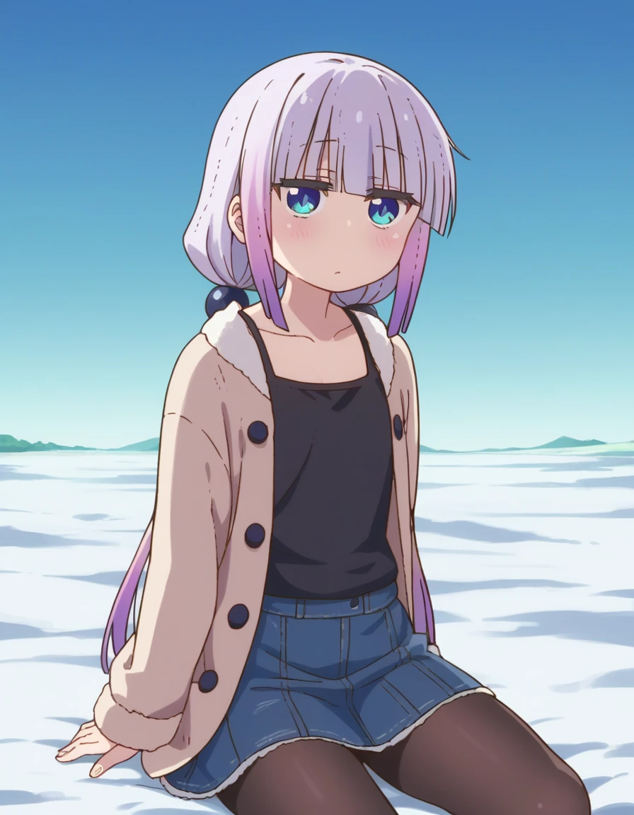 zPDXL, score_9, score_8_up, score_7_up, source_anime, (portrait), <lora:KobayashiDragonPack:1> drgmd, 1girl, solo,
kanna kamui, petite, plump, purple hair, long hair, low twintails, blue eyes, flat chest , denim-skirt, (pantyhose), winter-coat, black-camisole, winter-boots, distracted, aloof, oblivious, thigh straddling,