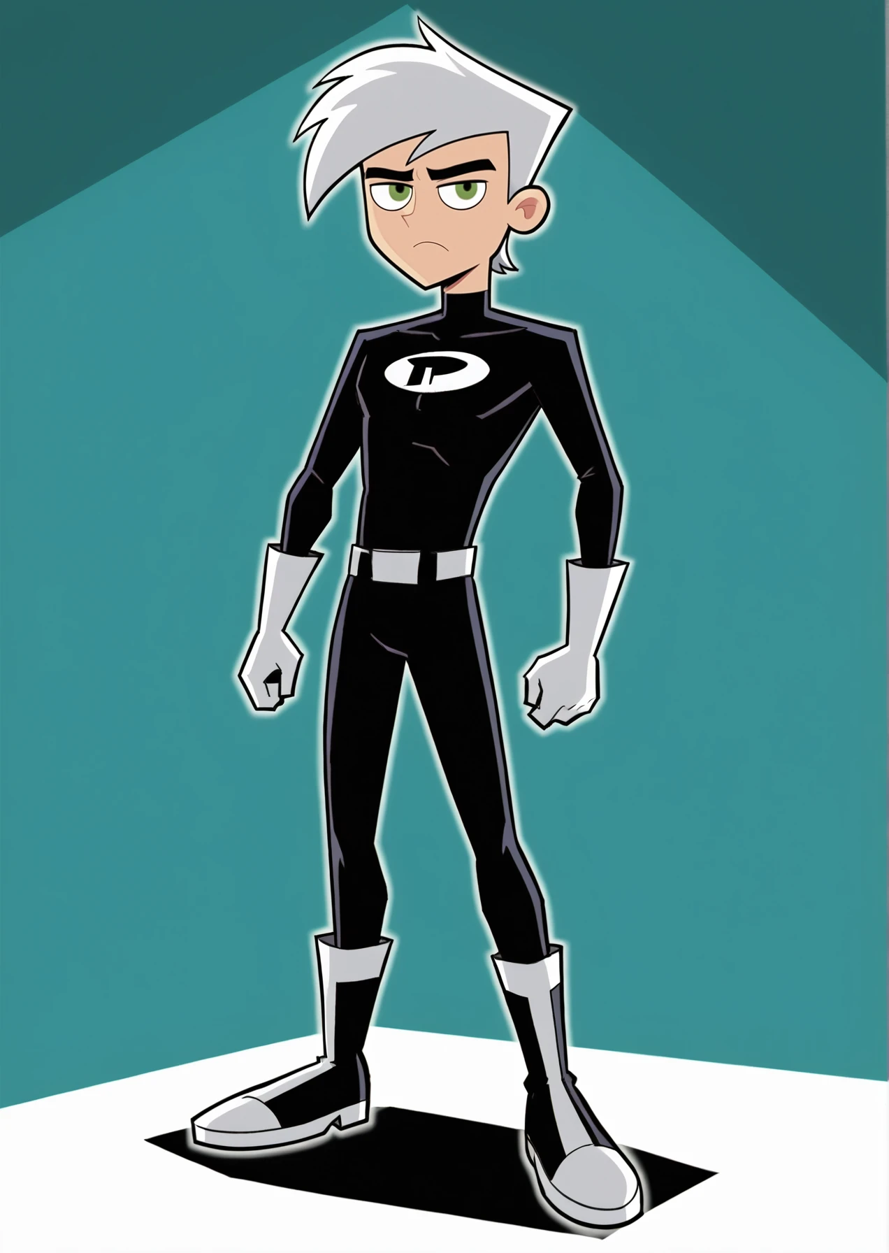 masterpiece,best quality,highres, <lora:Lucyla_Art_Style:0.6>,<lora:Danny_fenton_Danny_phantom_for_pony:0.5>,solo,danny fenton,white hair,short hair,green eyes,black bodysuit,(parody:0.2),full body,1boy,