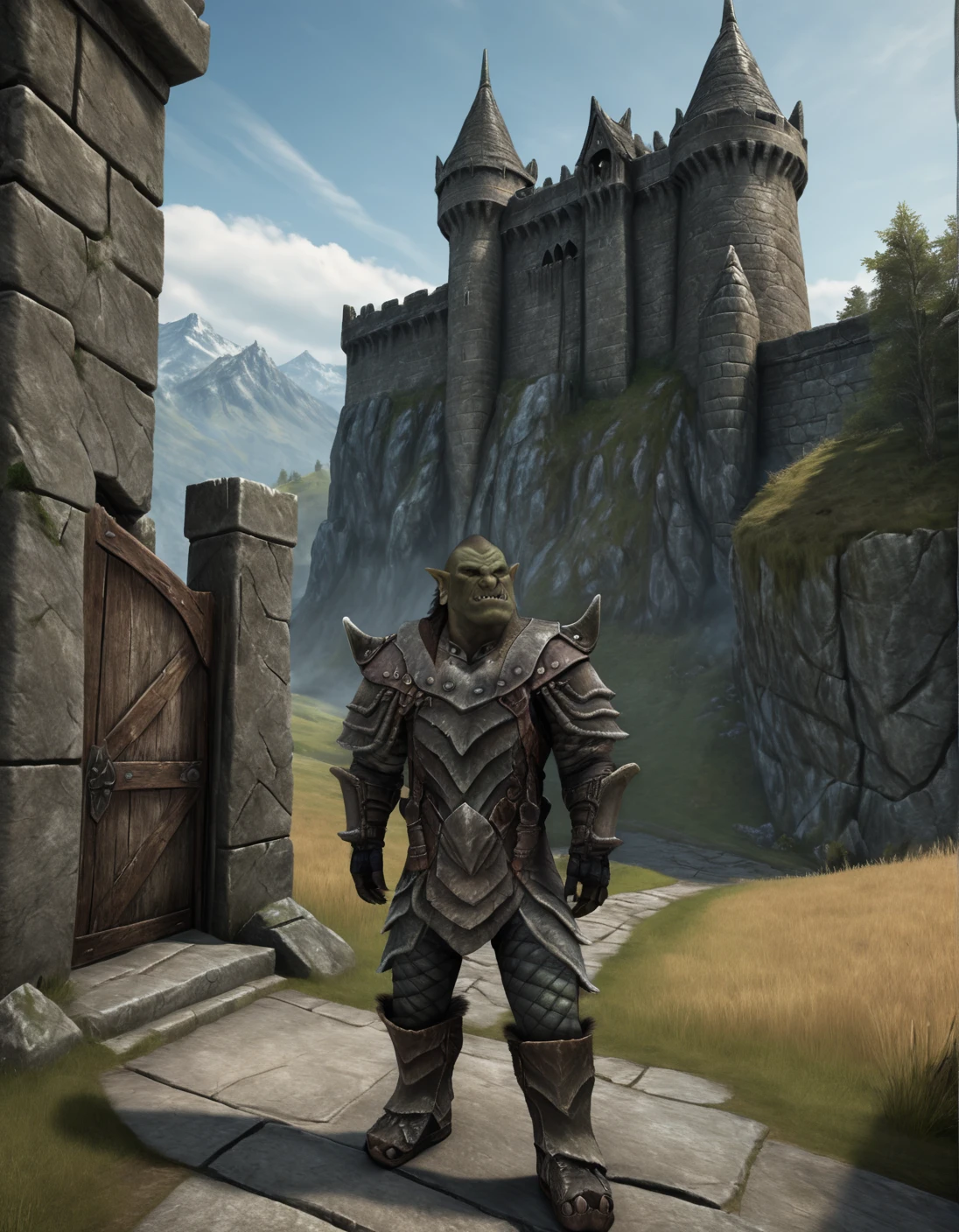 1 boy, a sturdy male orsimer stands proud before the imposing gates of the ancient Skyrim castle, its weathered stone walls glistening warmly in the bright daylight. The orc's rugged features are set against a backdrop of rolling hills and distant treetops, his stance commanding attention as he gazes out at the majestic stronghold. (((upper half portrait)))<lora:EMS-391506-EMS:1.000000>, <lora:EMS-20438-EMS:1.000000>