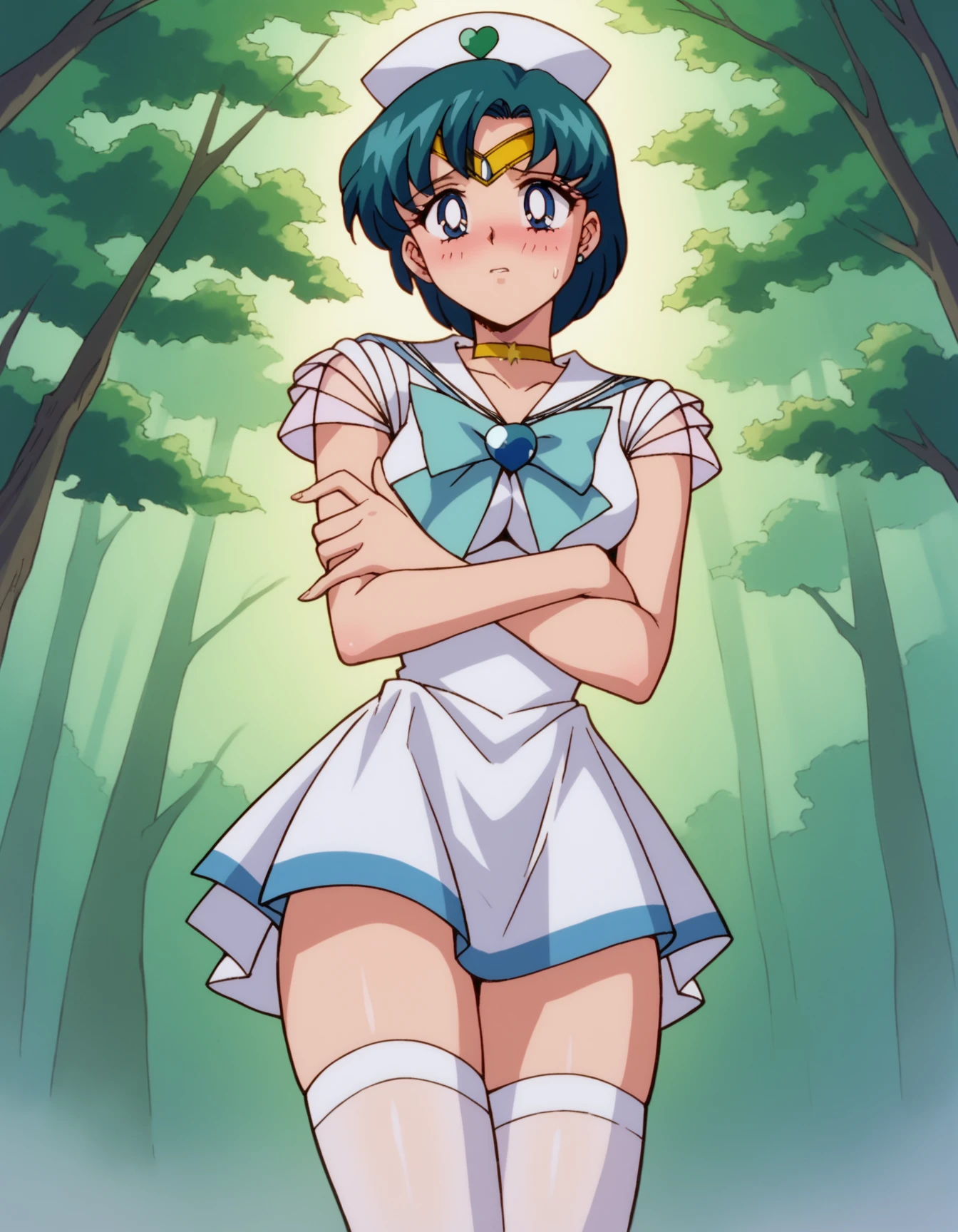 zPDXL, score_9, score_8_up, score_7_up, source_anime,
1girl, solo, <lora:SailorMoon:1> slrmn, shy, blush, dynamic_pose, nurse wearing Forest green scrubs with a crossover top, skirt, stockings, nurse cap, green clogs, penlight, sailor mercury, mizuno ami, blue eyes, blue hair