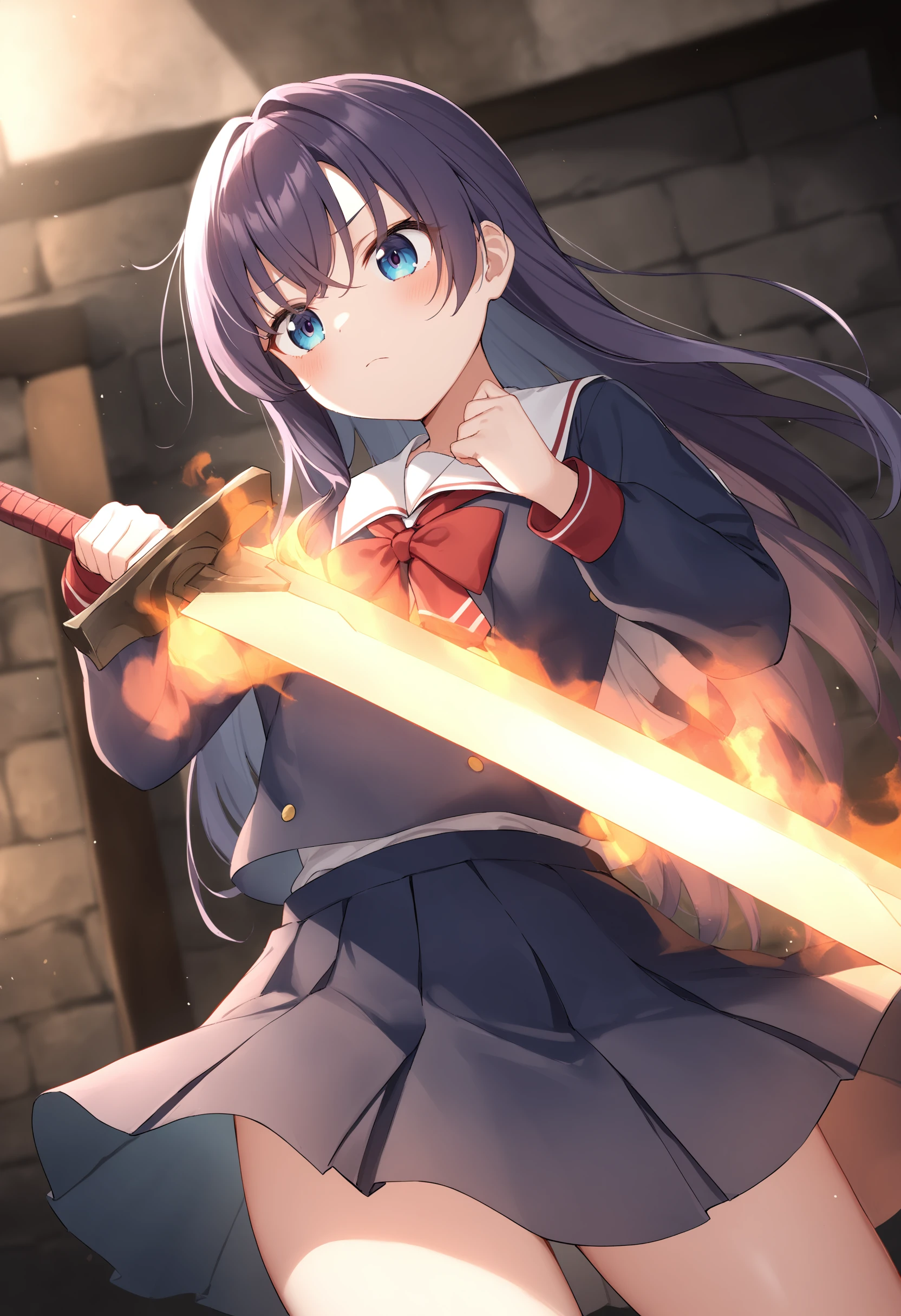 1girl,sincos, ningen mame, toosaka asagi,solo,medium breasts,school uniform,
flaming sword, holding sword, holding weapon,<lora:flamingsword_XL_v1:0.7>
fire, flaming weapon, glowing weapon, glowing sword, flame,
dutch angle, cowboy shot, looking ahead, purple hair, black eyes,envy, labyrinth, closed mouth, ringlets hair,,
best quality, very aesthetic, absurdres