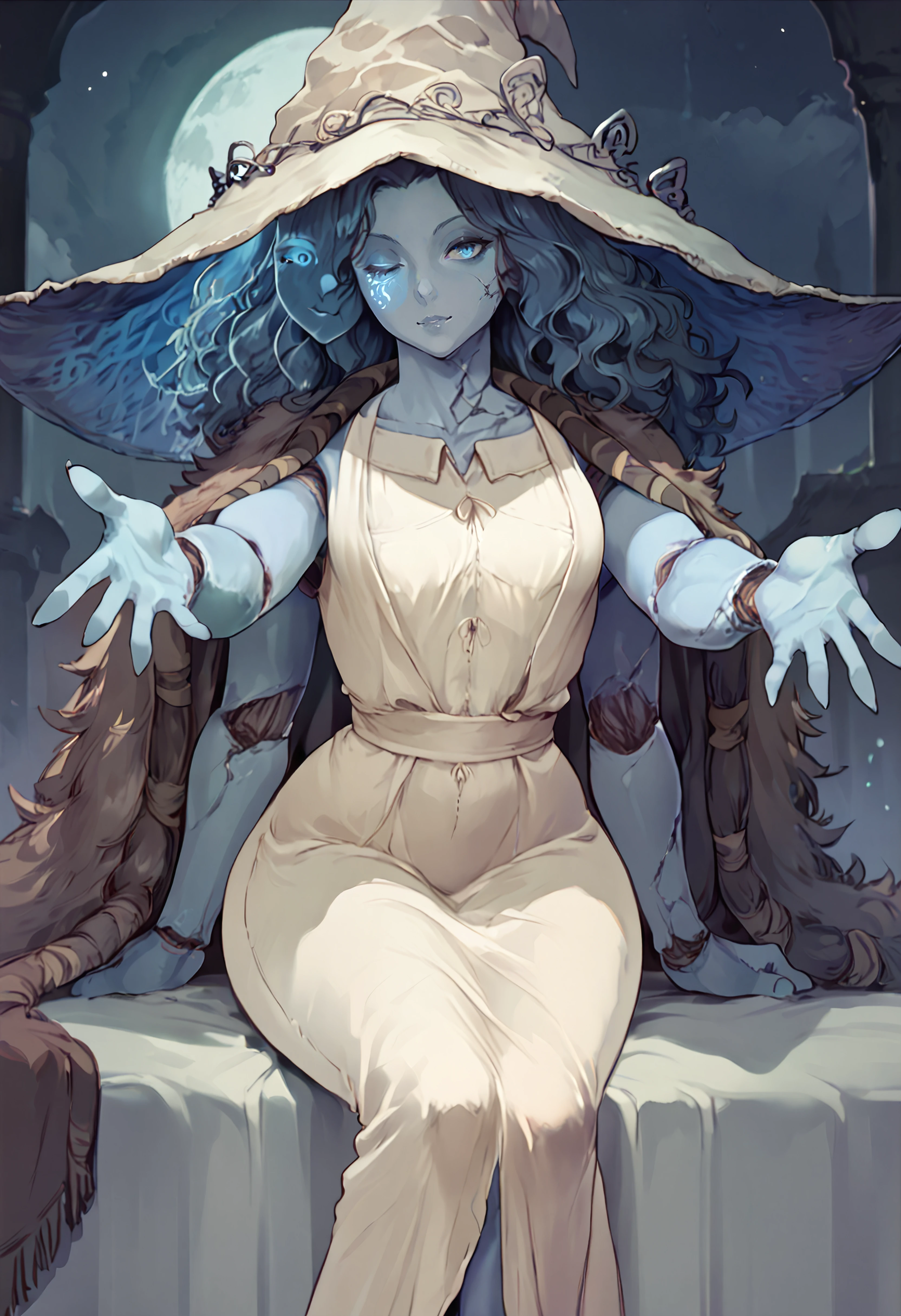 score_9, score_8_up, score_7_up, score_6_up BREAK 1girl,incrsxlranni,wavy hair, cracked skin, blue skin, colored skin, extra arms, extra faces, doll joints,full moon,white dress, witch hat, brown cloak,wide hips,slight smile,sitting,looking at viewer,leaning to the side,reaching towards viewer <lora:csr_pd_unet_t2:1> <lora:Ranni_XLPD_CAME:0.8>