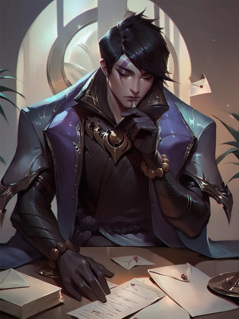 score_9, score_8_up, score_7_up, Aphelios, 1man, solo, black hair, face makeup, robe, golden neackle, black gloves, bracelet, black pants, sitting at the table and writing a letter, <lora:ApheliosNormal:1> <lora:Concept Art Twilight Style SDXL_LoRA_Pony Diffusion V6 XL:1>