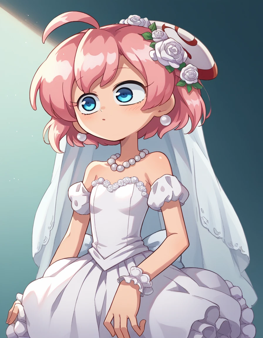 zPDXL, score_9, score_8_up, score_7_up, source_anime,
1girl, solo, <lora:Rizelmine_v2-20:0.8> rizel, ahoge, short hair, hair ornament, hairpods, pink hair, blue eyes, petite, flat chest, bride wearing Beaded fringe crop top, fringe skirt with sequin detail, feathered headpiece, beaded sandals, wedding veil with lace, delicate pearl necklace and earrings set, (portrait), <lora:Miwako_v2:1> mwk