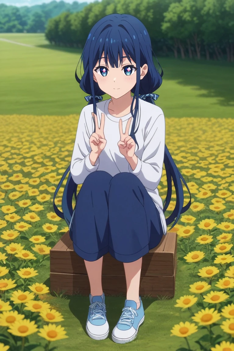 score_9, score_8_up, score_7_up, source_anime, rating_safe, intricate details, anime screencap, anime coloring, official style, , , 1girl, solo, <lora:aki_adagaki_pony:0.84>, aki_adagaki, blue hair, blue eyes, long hair, bangs, twintails, low twintails, bow, straight-on, full body, flower field, flowers, indoors, dark, v, peace sign, heart eyes, , <lora:sdxl_lightning_8step_lora:1>
