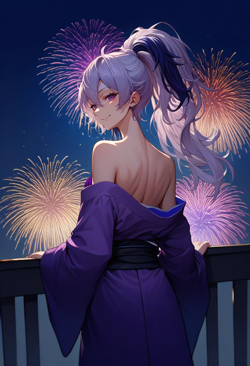 score_9, score_8_up, score_7_up, source_anime, from behind, solo, 1girl, vocaloidflowerv3, slight smile, looking back, long hair, ponytail, streaked hair, white hair, purple hair, purple kimono, off shoulder, bare shoulders, fireworks <lora:vocaloid_flower_ponyXL-000008:1>