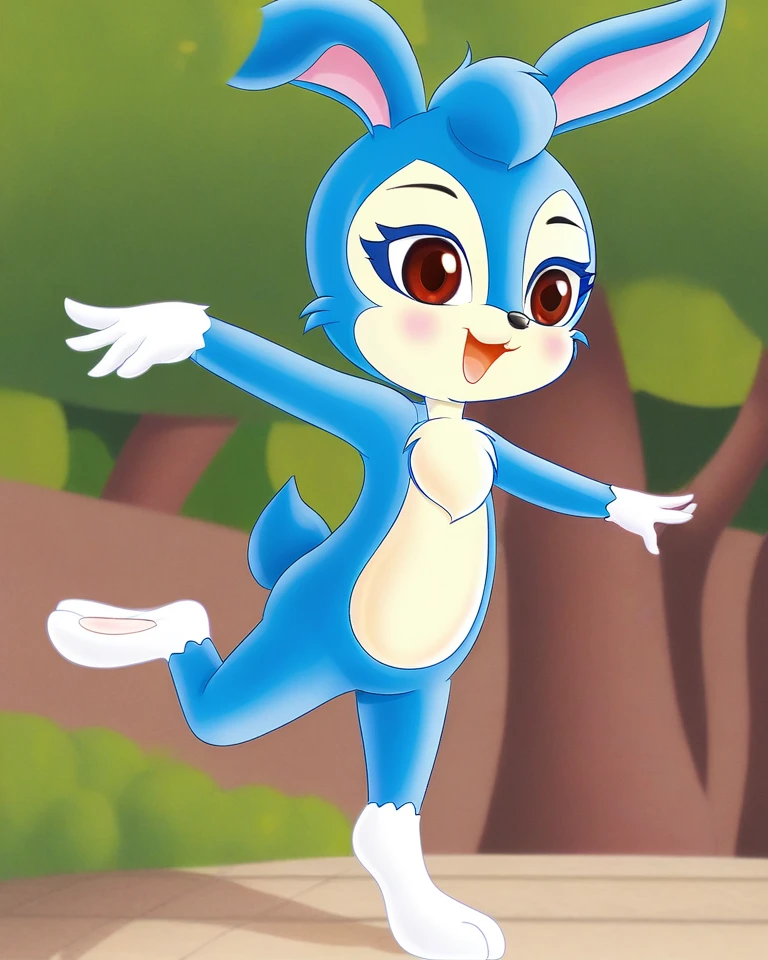 solo,animal ears,open mouth,rabbit ears,smile,furry,happy,1girl,standing on one leg,full body,brown eyes,blush,gloves,outstretched arms,red eyes,white gloves,furry female,animal nose,leg up,rabbit girl,blue fur,blue hair,tail,flat chest,body fur,spread arms,<lora:lantupony:0.8>,