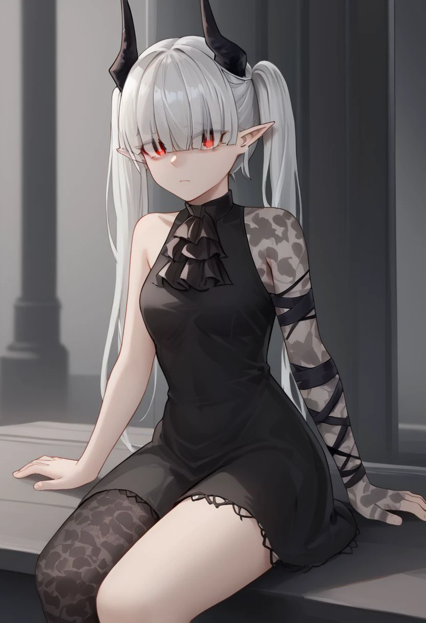 1girl, solo, black dress, single leg pantyhose, asymmetrical clothes, patterned clothes, single sleeve, black sock, kneehigh, black footwear, high heels, black ascot, hair over eyes, eyes visible through hair, demon horns, blunt bangs, red eyes, pointy ears, pale skin, white hair, grey hair, twintails